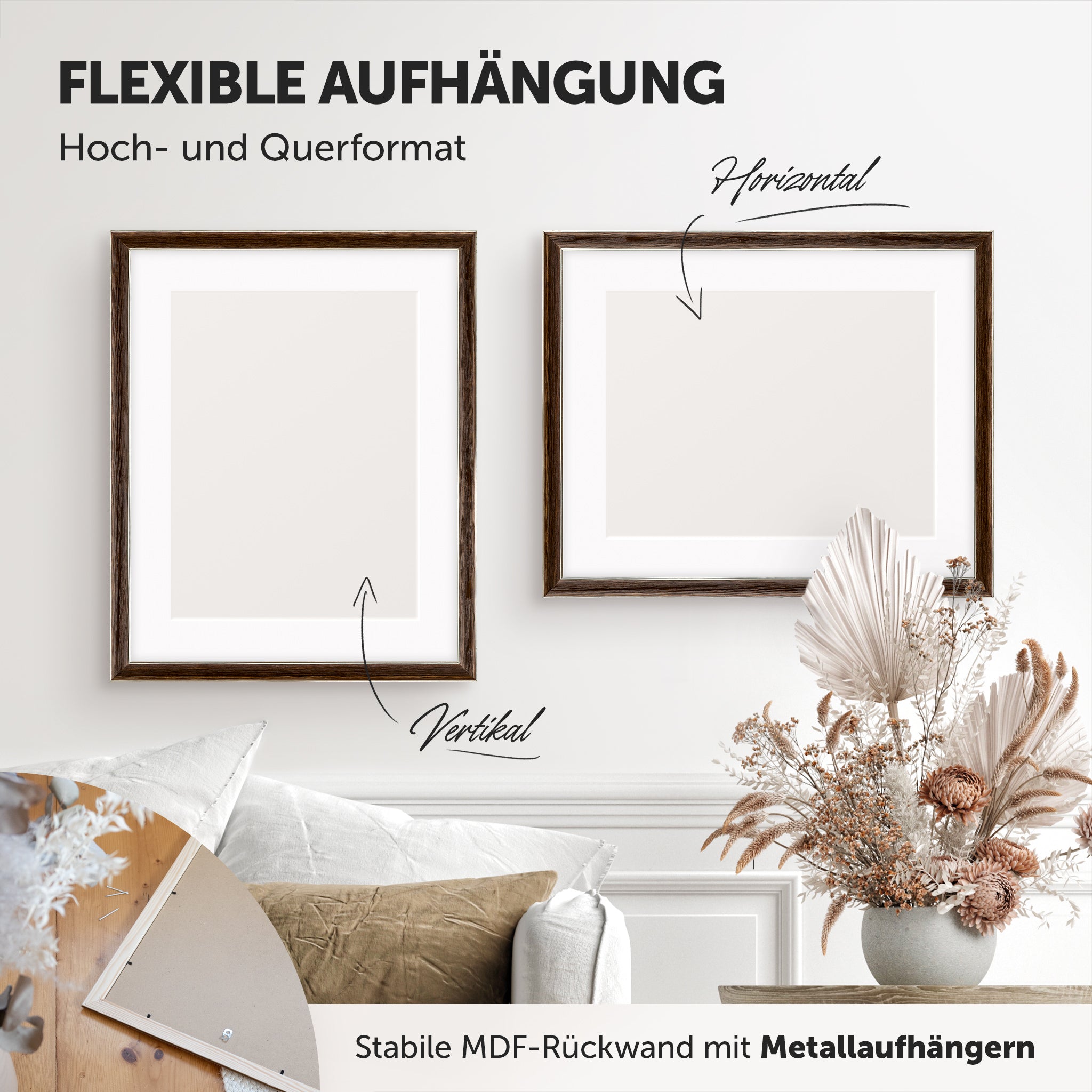 DÖRR Echtholz-Bilderrahmen Aristo dunkelbraun, horizontal und vertikal als Wandrahmen im Wohnbereich dekoriert, Rückseite mit Aufhängern