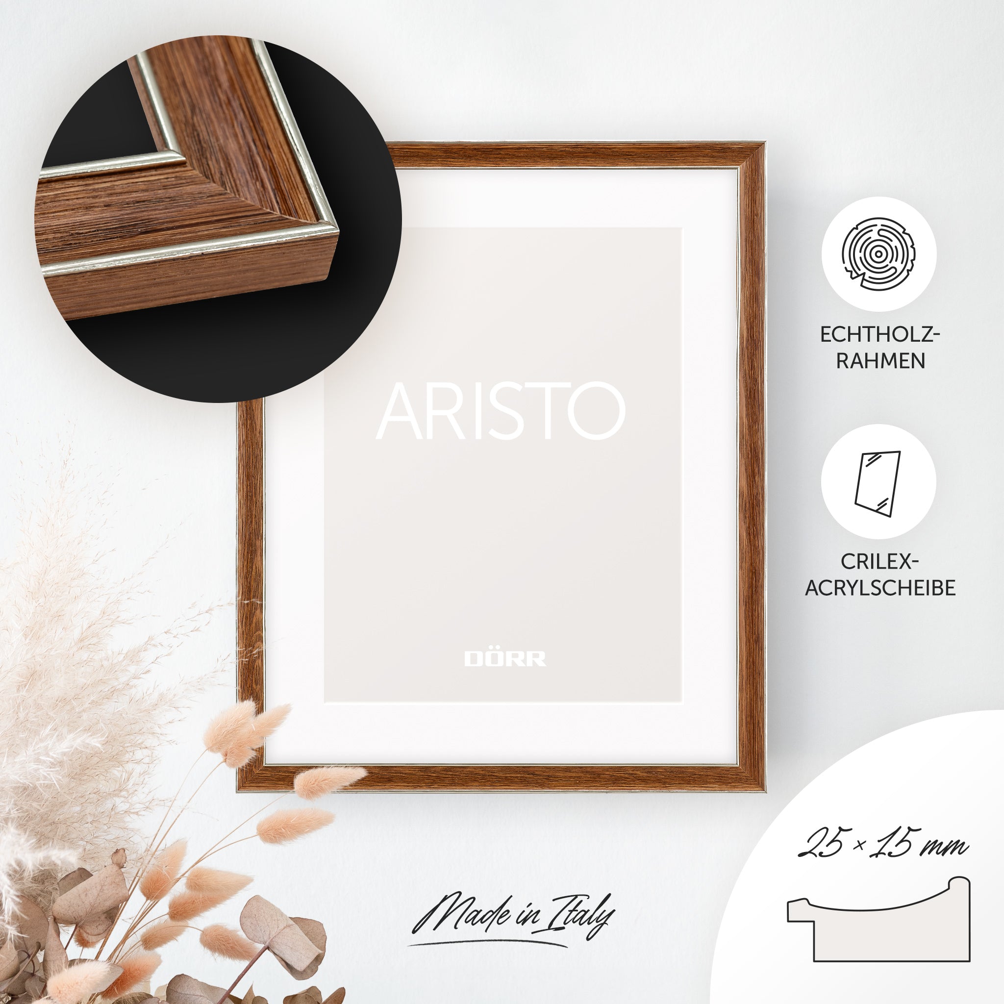 DÖRR Echtholz-Bilderrahmen Aristo braun, dekorativ an der Wand aufgehängt, mit Detailansicht der 25 x 15 mm Leiste mit Goldkanten