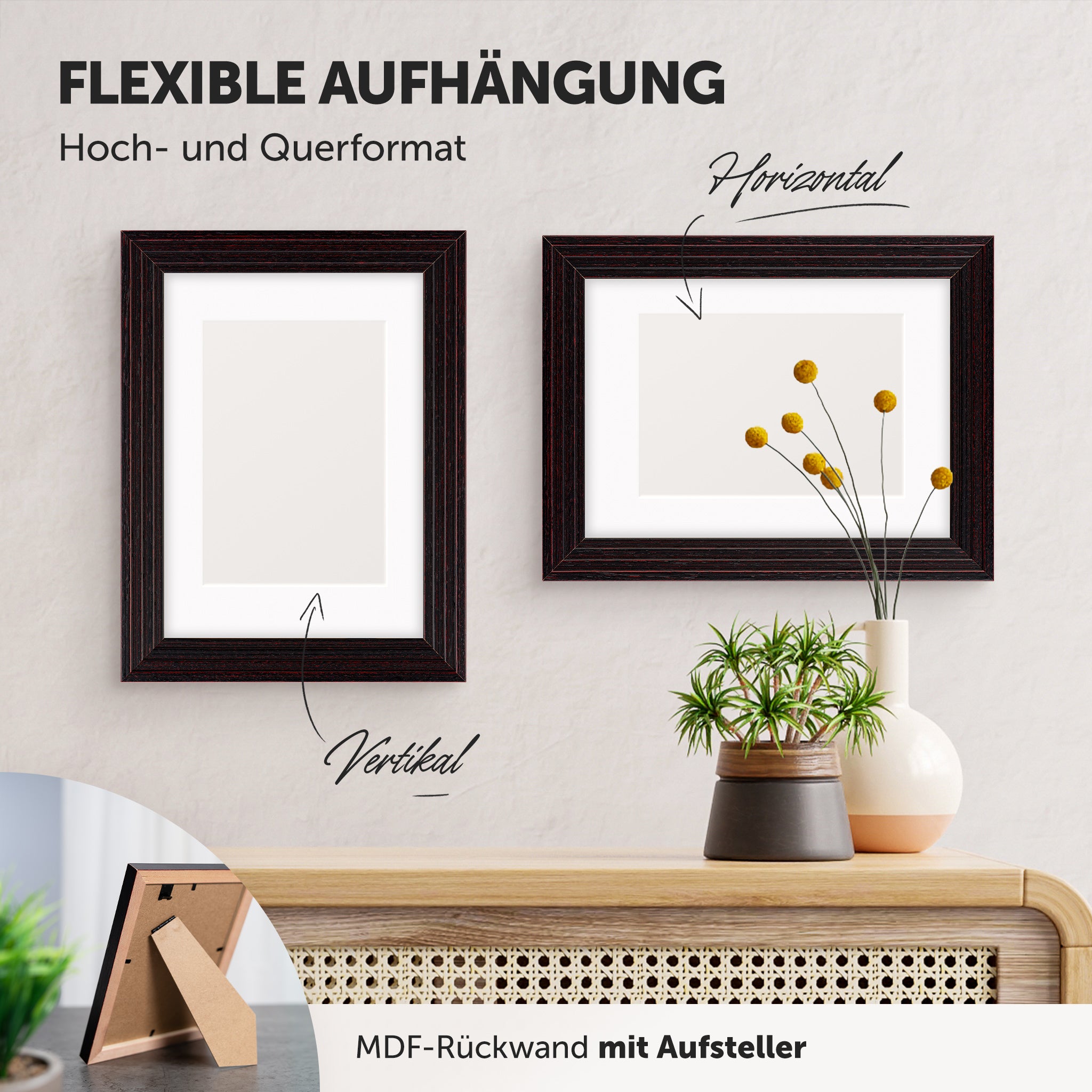 DÖRR Echtholz-Bilderrahmen Aurora schwarz, horizontal und vertikal als Wandrahmen im Wohnbereich dekoriert, mit Aufsteller bei kleineren Größen