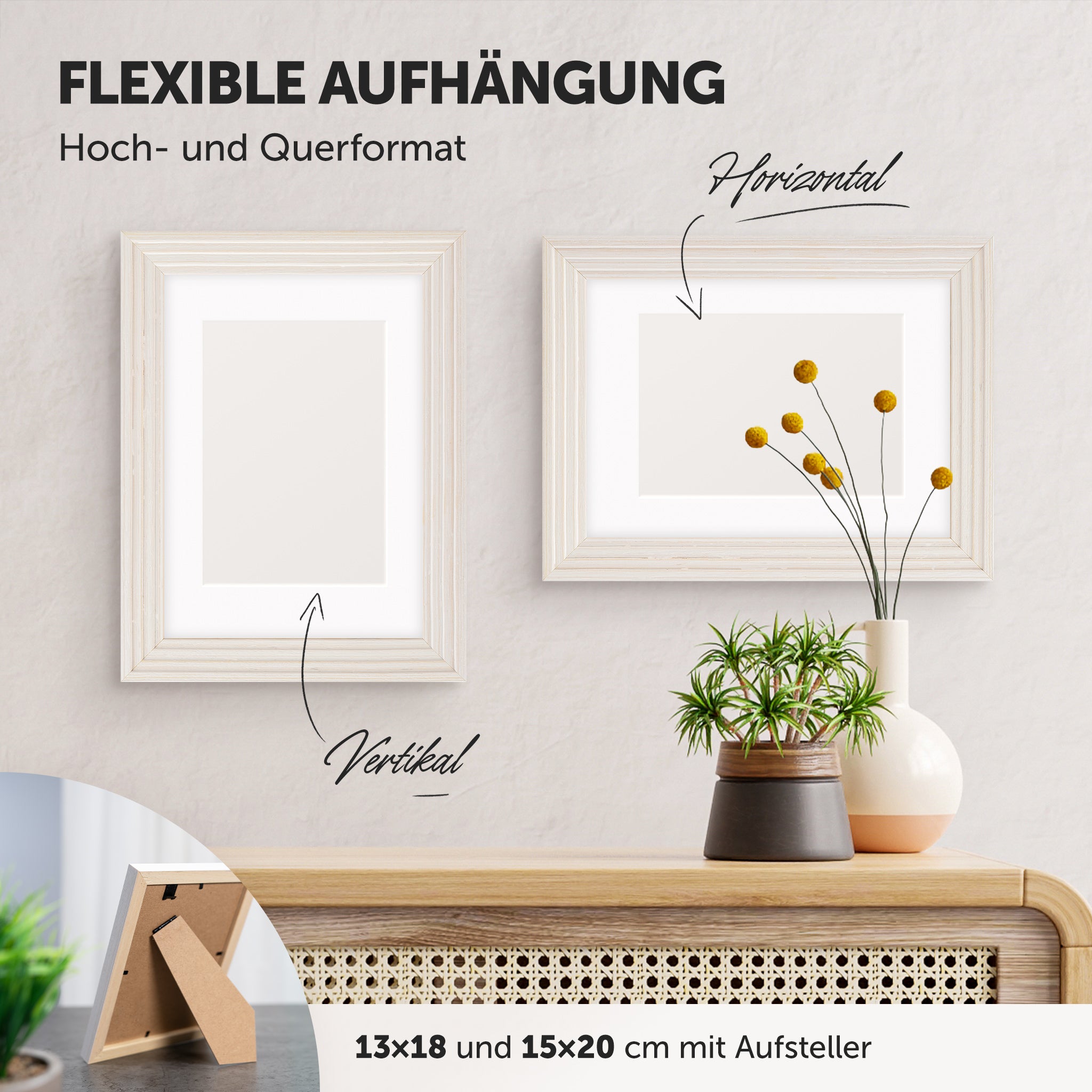 DÖRR Echtholz-Bilderrahmen Aurora weiß, horizontal und vertikal als Wandrahmen im Wohnbereich dekoriert, mit Aufsteller bei kleineren Größen