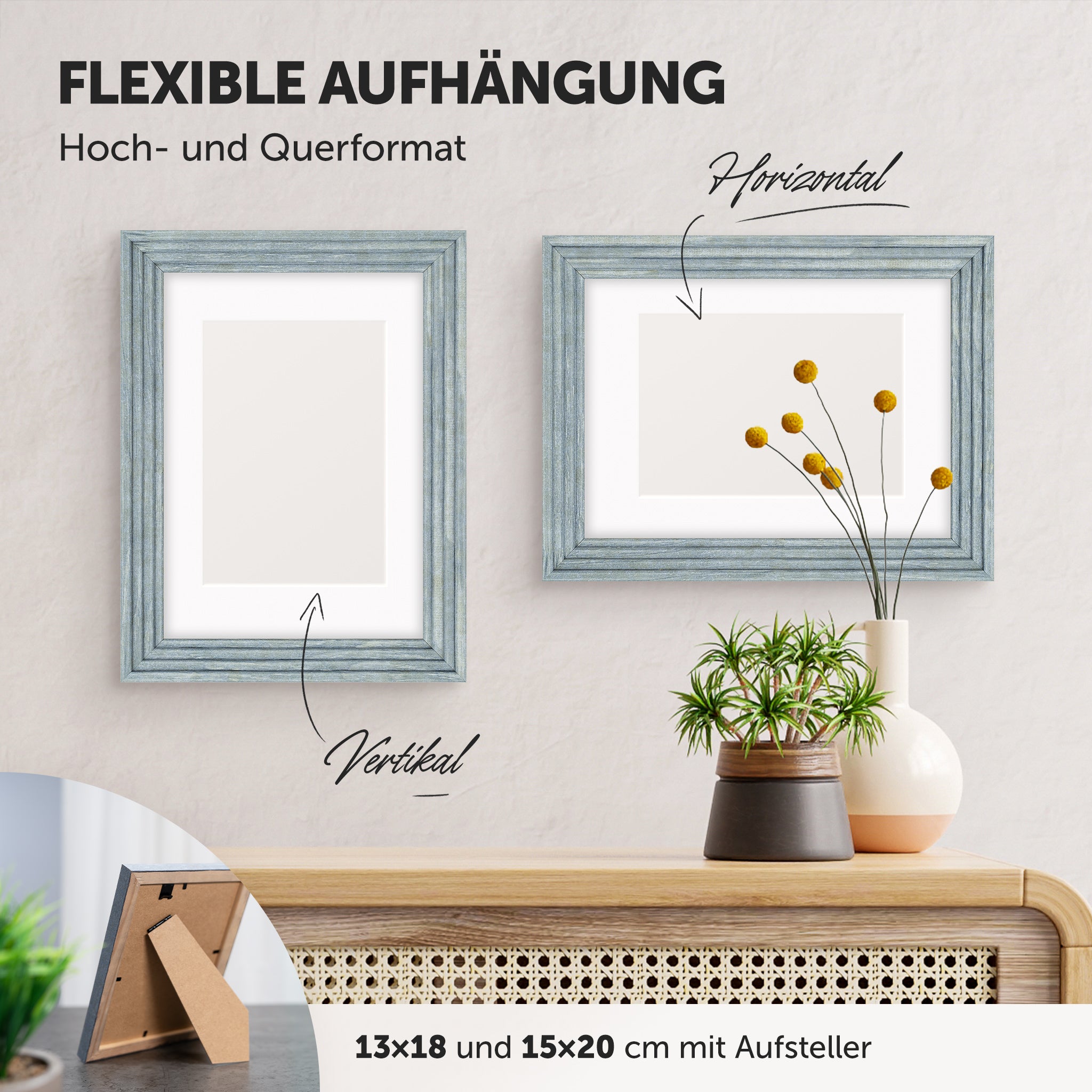 DÖRR Echtholz-Bilderrahmen Aurora hellblau, horizontal und vertikal als Wandrahmen im Wohnbereich dekoriert, mit Aufsteller bei kleineren Größen