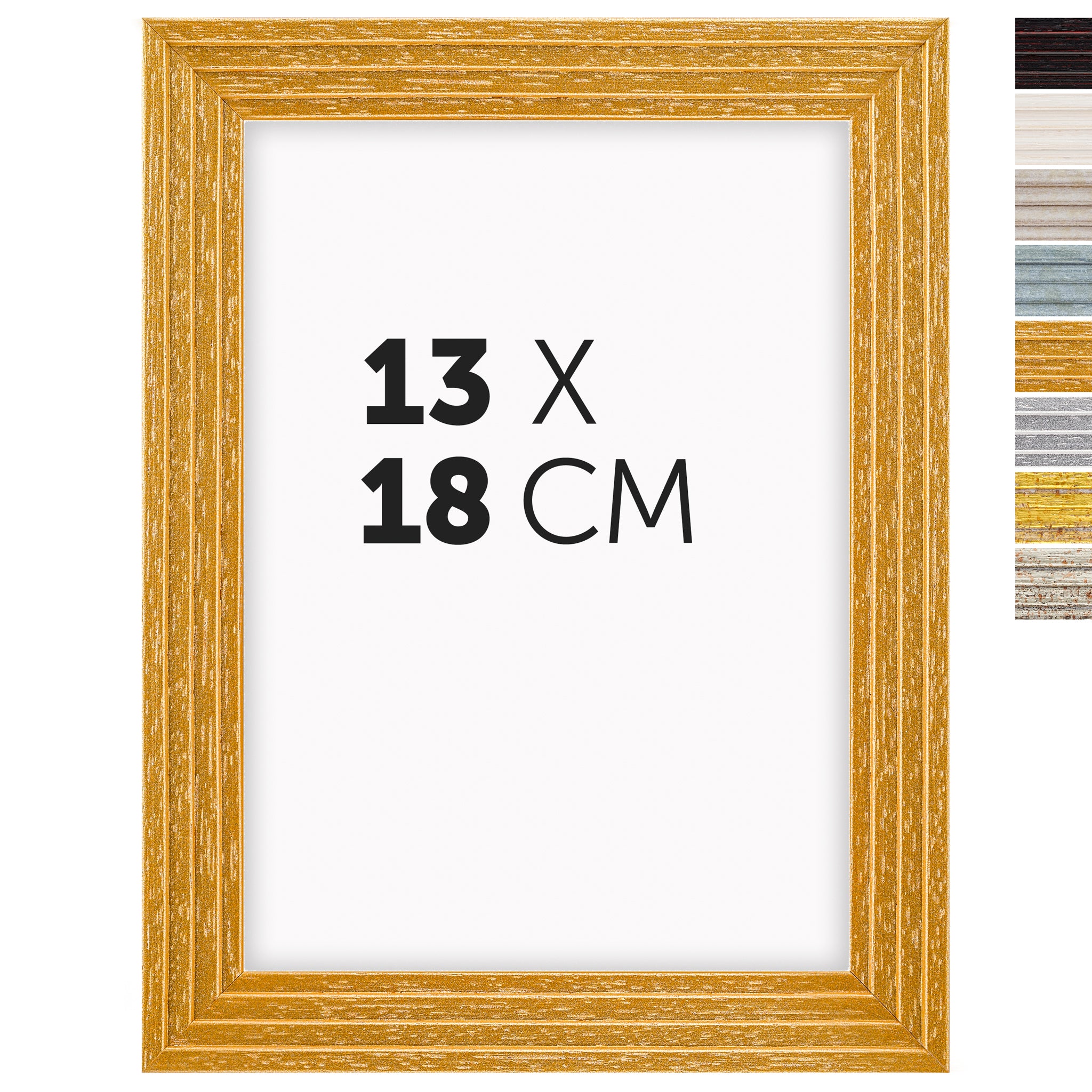 DÖRR Echtholz-Bilderrahmen Aurora in Gold 13 x 18 cm mit Stufenprofil, mit Darstellung der 8 Farbvarianten