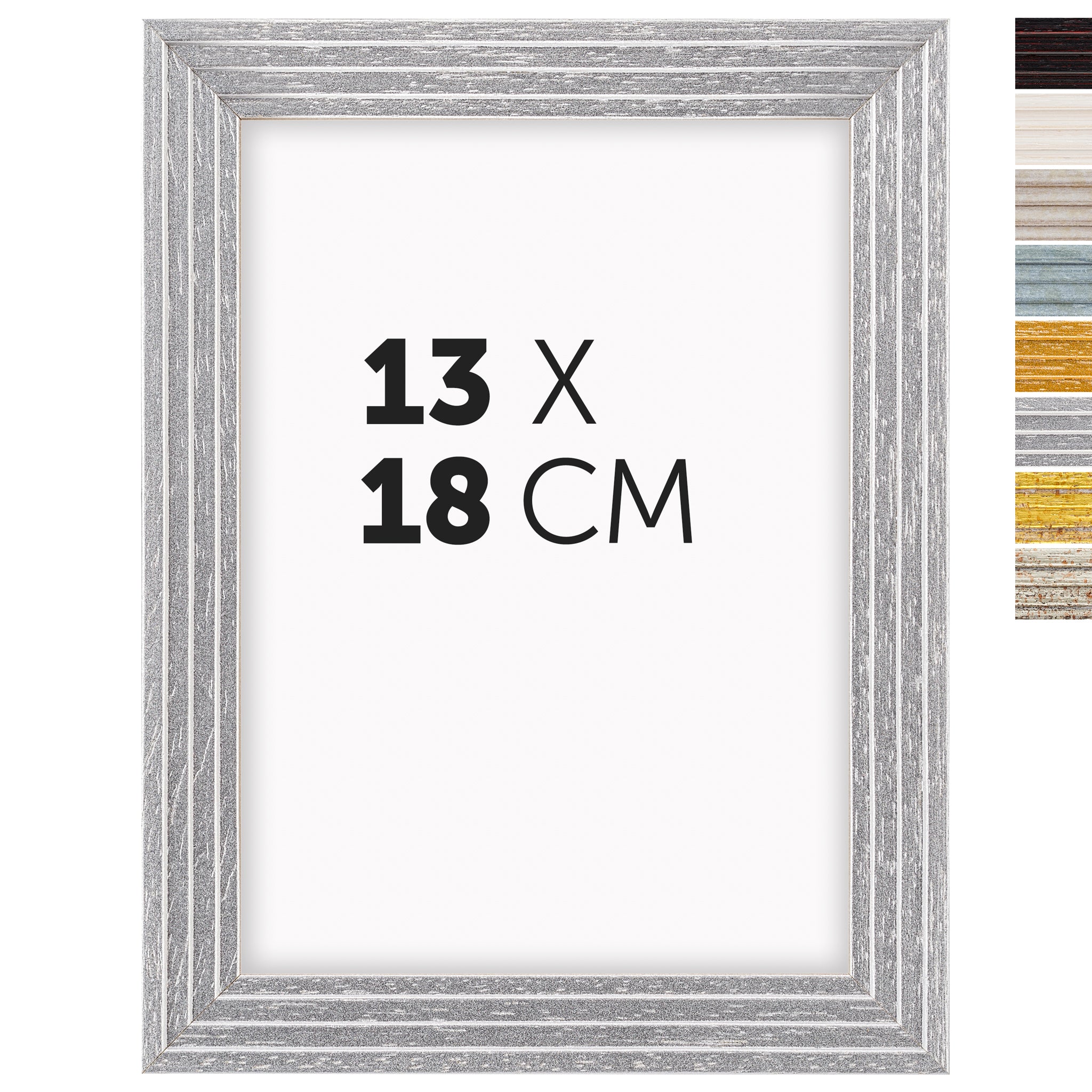 DÖRR Echtholz-Bilderrahmen Aurora in Silber 13 x 18 cm mit Stufenprofil, mit Darstellung der 8 Farbvarianten