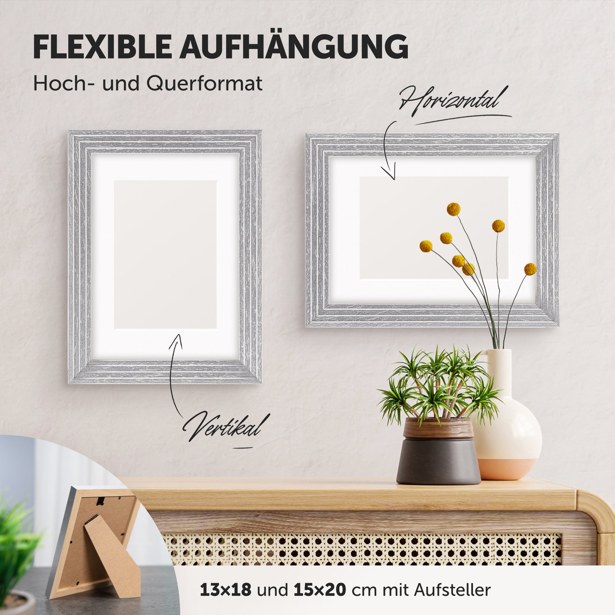 DÖRR Echtholz-Bilderrahmen Aurora silber, horizontal und vertikal als Wandrahmen im Wohnbereich dekoriert, mit Aufsteller bei kleineren Größen