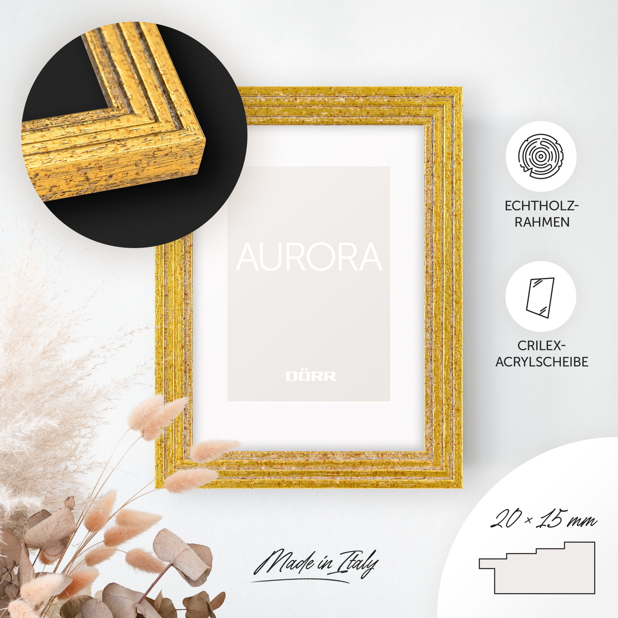 DÖRR Echtholz-Bilderrahmen Aurora antik-gold, dekorativ an der Wand aufgehängt, mit Detailansicht der 20 x 15 mm Leiste in Stufenoptik