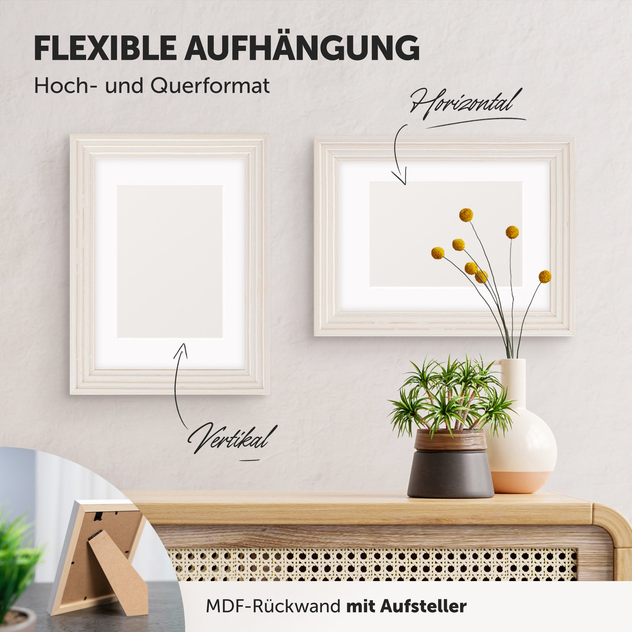 DÖRR Echtholz-Bilderrahmen Aurora weiß, horizontal und vertikal als Wandrahmen im Wohnbereich dekoriert, mit Aufsteller bei kleineren Größen