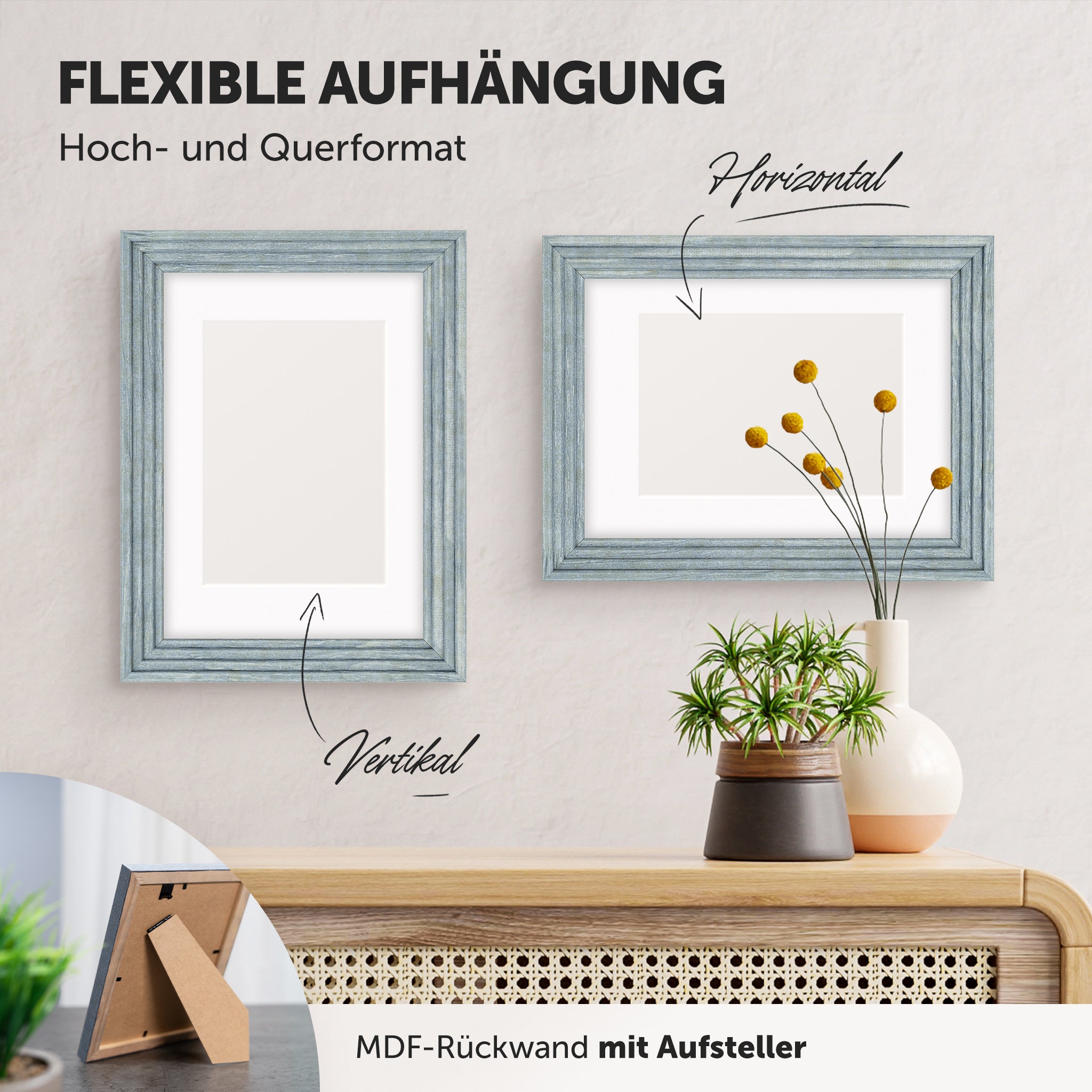 DÖRR Echtholz-Bilderrahmen Aurora hellblau, horizontal und vertikal als Wandrahmen im Wohnbereich dekoriert, mit Aufsteller bei kleineren Größen