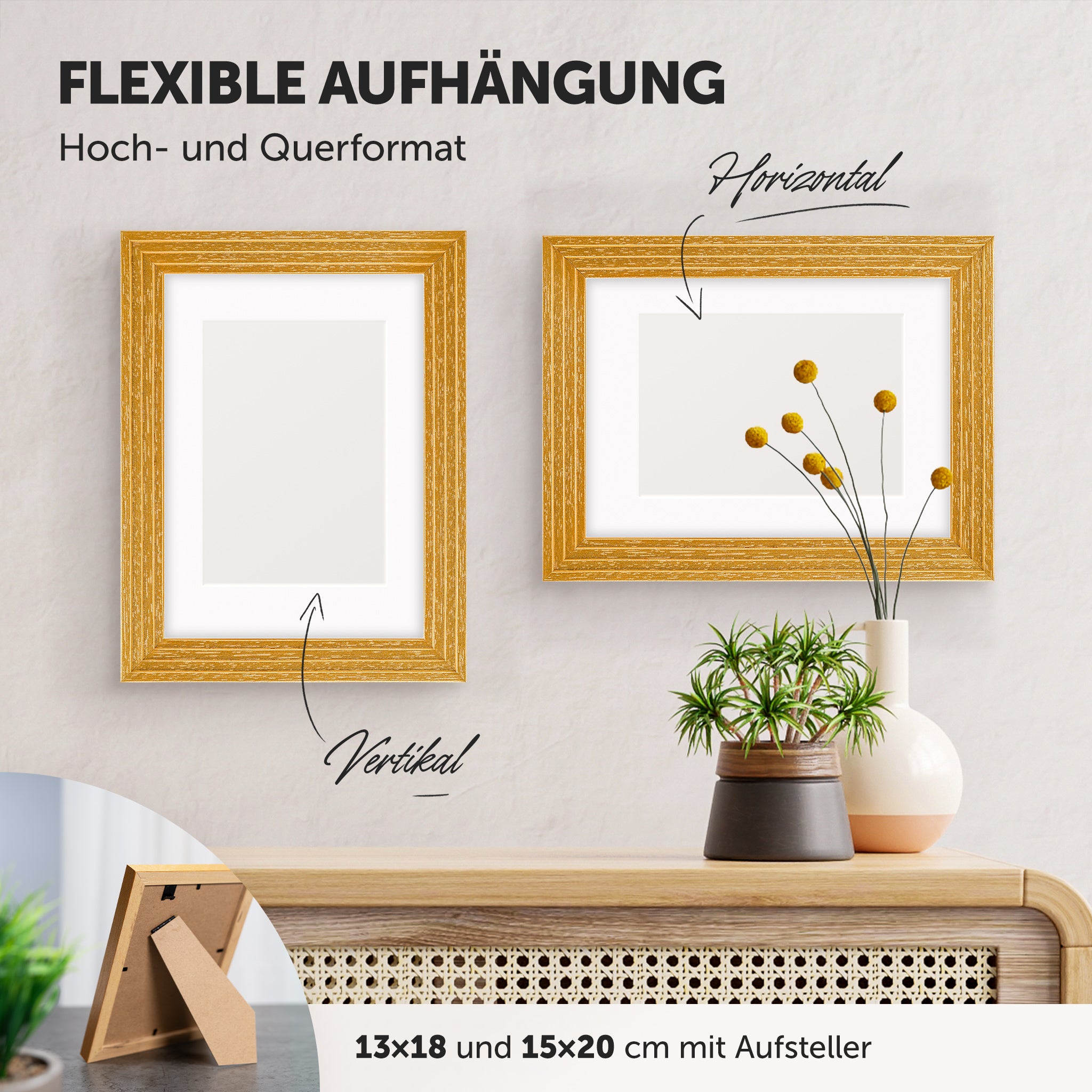 DÖRR Echtholz-Bilderrahmen Aurora gold, horizontal und vertikal als Wandrahmen im Wohnbereich dekoriert, mit Aufsteller bei kleineren Größen