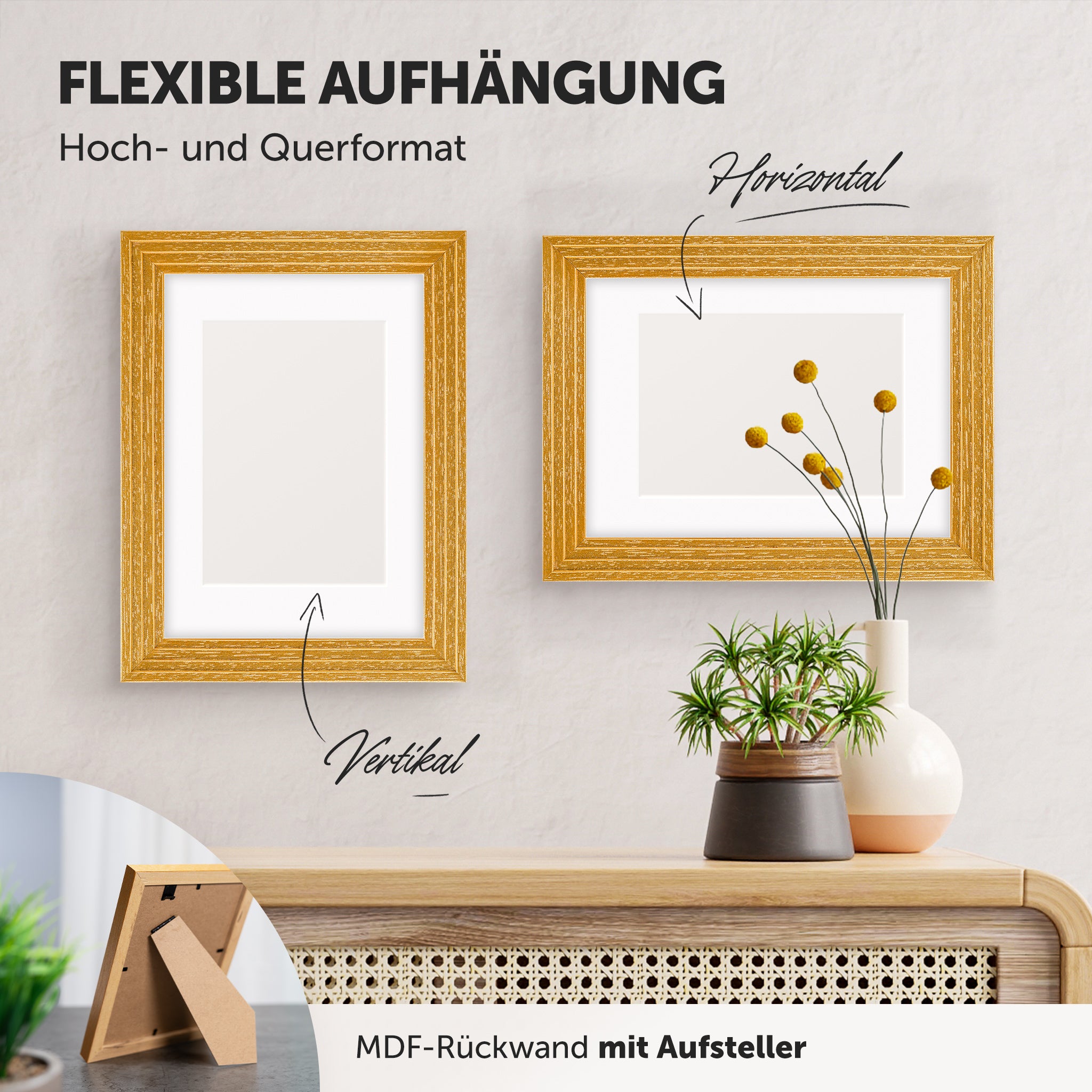 DÖRR Echtholz-Bilderrahmen Aurora gold, horizontal und vertikal als Wandrahmen im Wohnbereich dekoriert, mit Aufsteller bei kleineren Größen