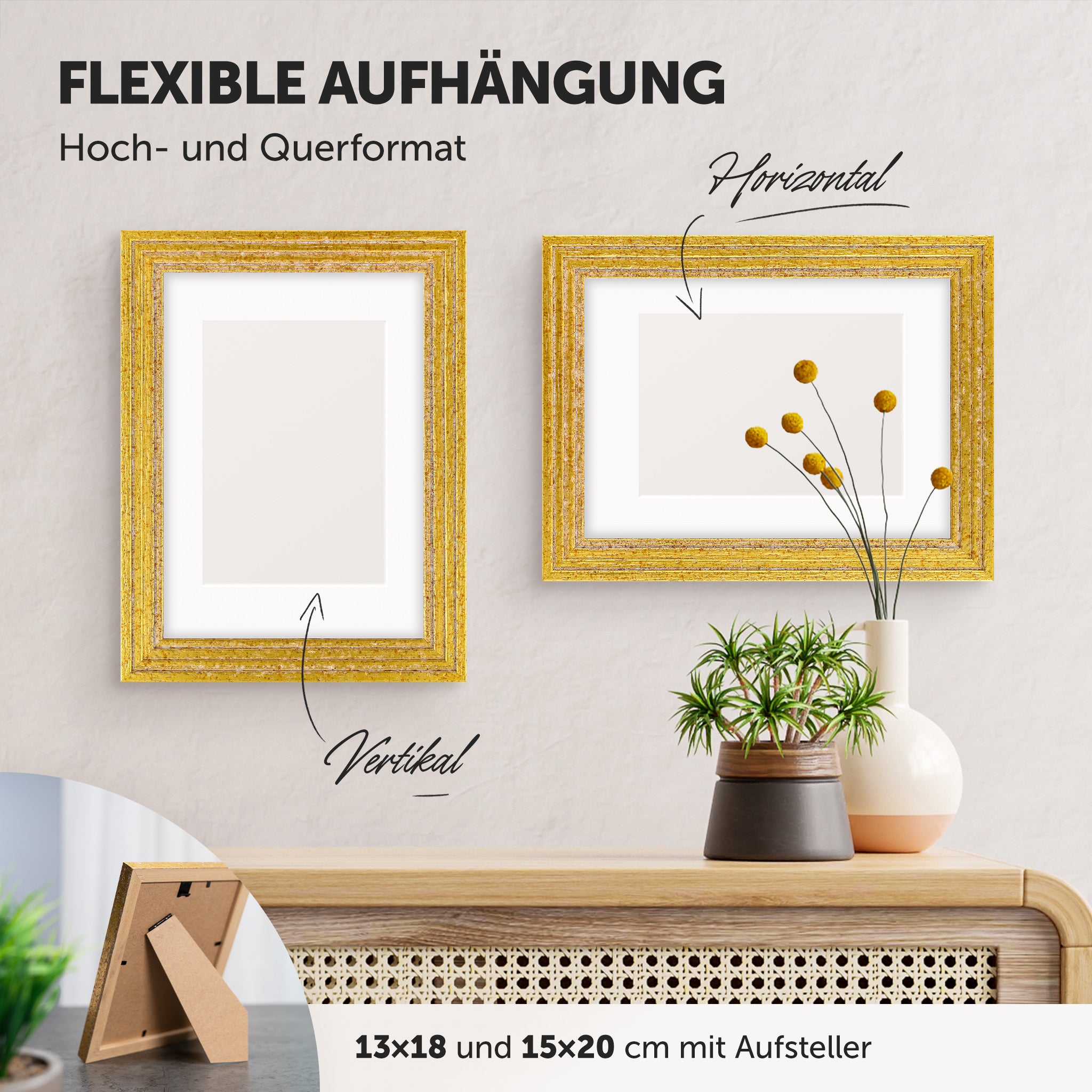 DÖRR Echtholz-Bilderrahmen Aurora antik-gold, horizontal und vertikal als Wandrahmen im Wohnbereich dekoriert, mit Aufsteller bei kleineren Größen