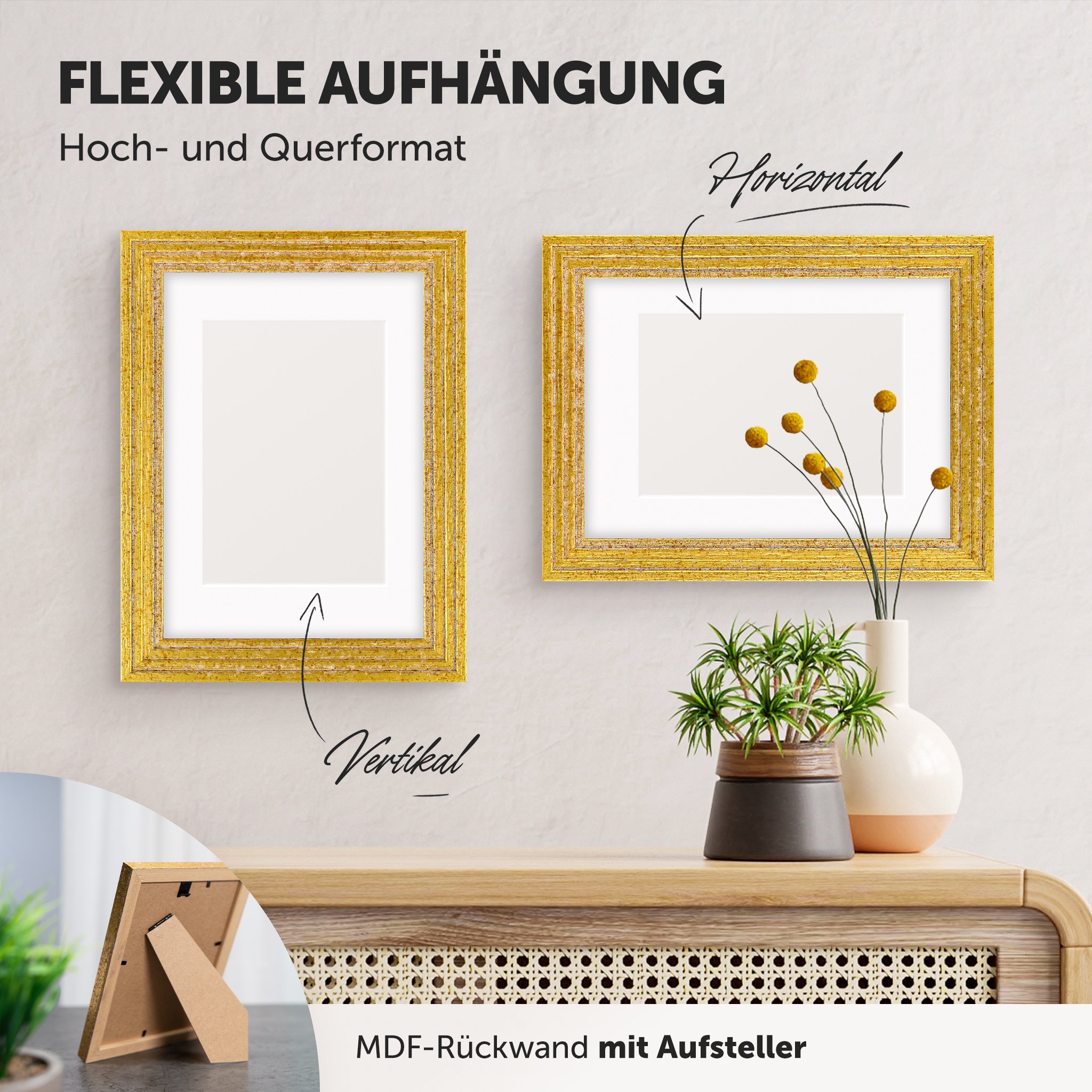 DÖRR Echtholz-Bilderrahmen Aurora antik-gold, horizontal und vertikal als Wandrahmen im Wohnbereich dekoriert, mit Aufsteller bei kleineren Größen