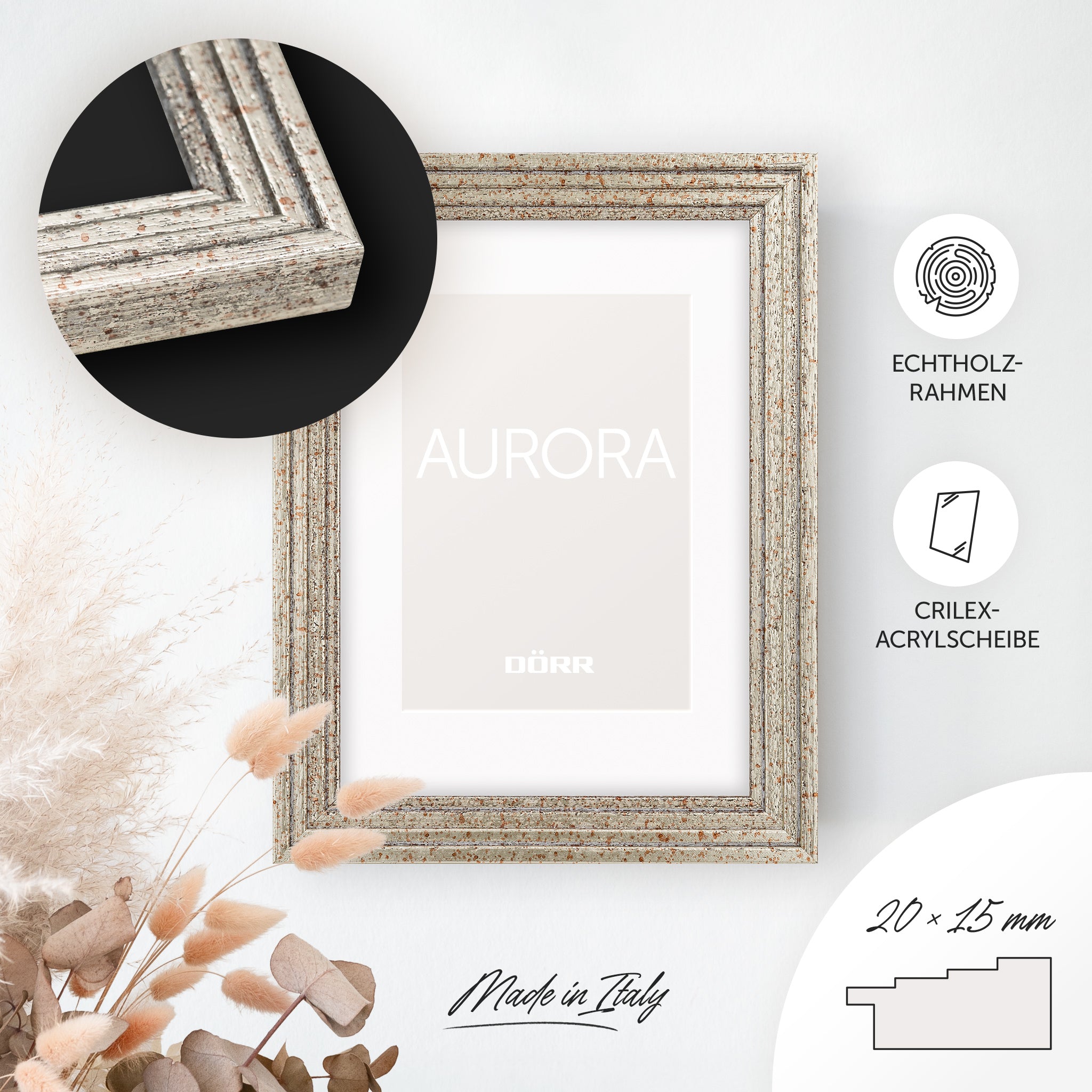 DÖRR Echtholz-Bilderrahmen Aurora antik-silber, dekorativ an der Wand aufgehängt, mit Detailansicht der 20 x 15 mm Leiste in Stufenoptik