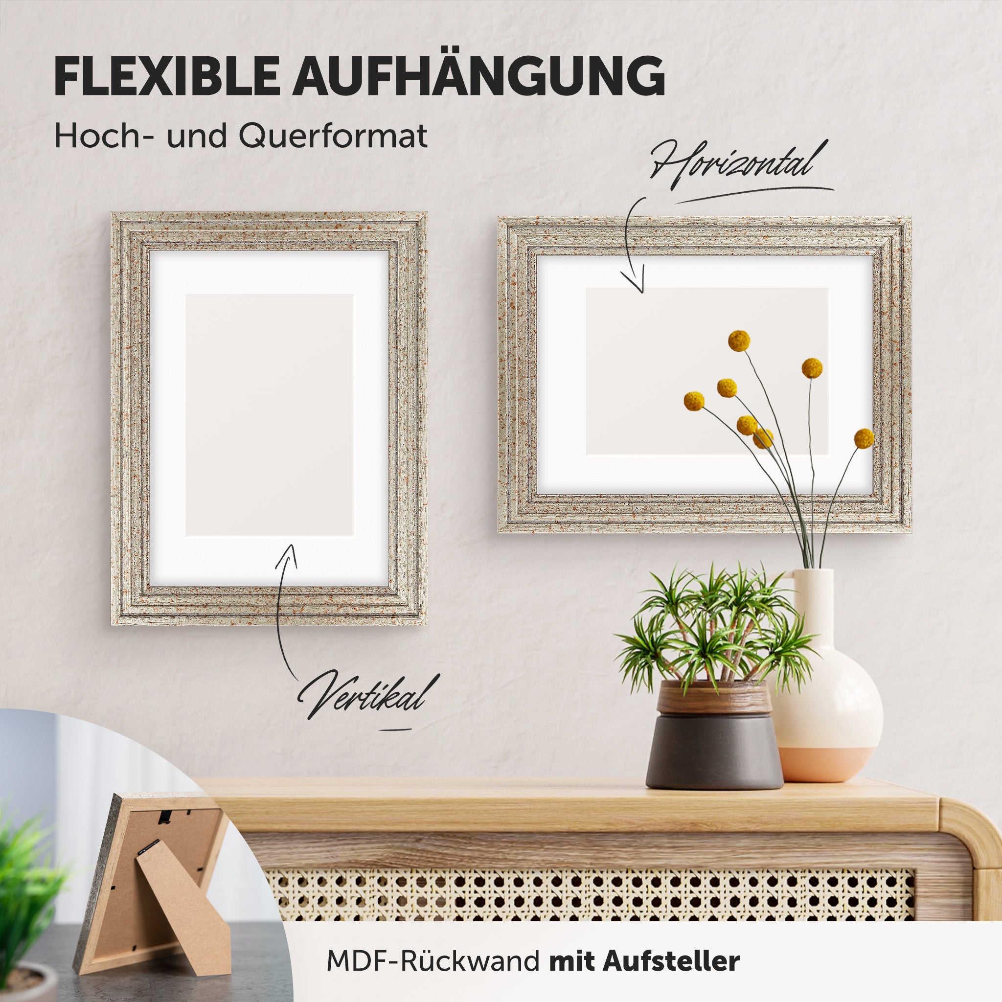 DÖRR Echtholz-Bilderrahmen Aurora antik-silber, horizontal und vertikal als Wandrahmen im Wohnbereich dekoriert, mit Aufsteller bei kleineren Größen