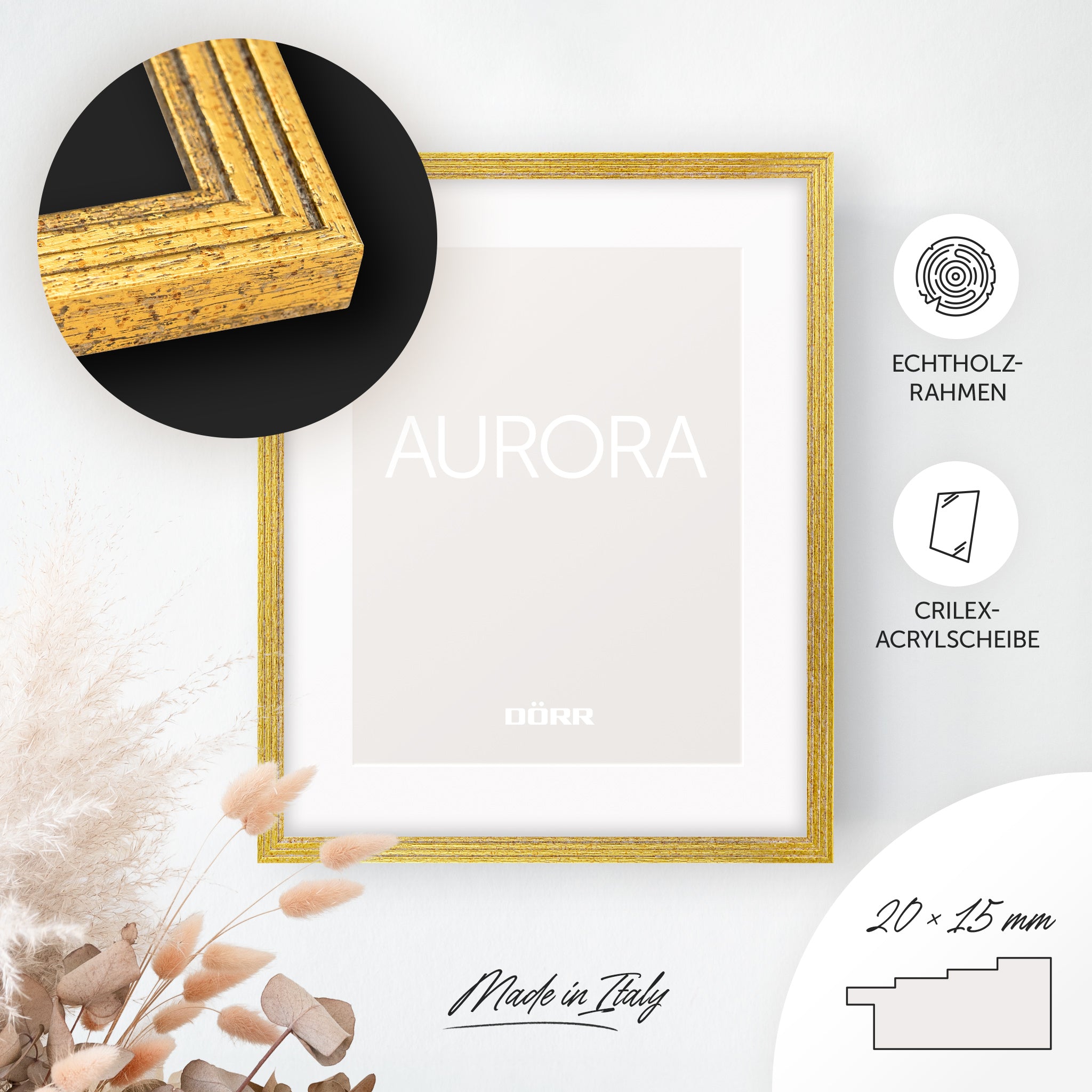 DÖRR Echtholz-Bilderrahmen Aurora antik-gold, dekorativ an der Wand aufgehängt, mit Detailansicht der 20 x 15 mm Leiste in Stufenoptik