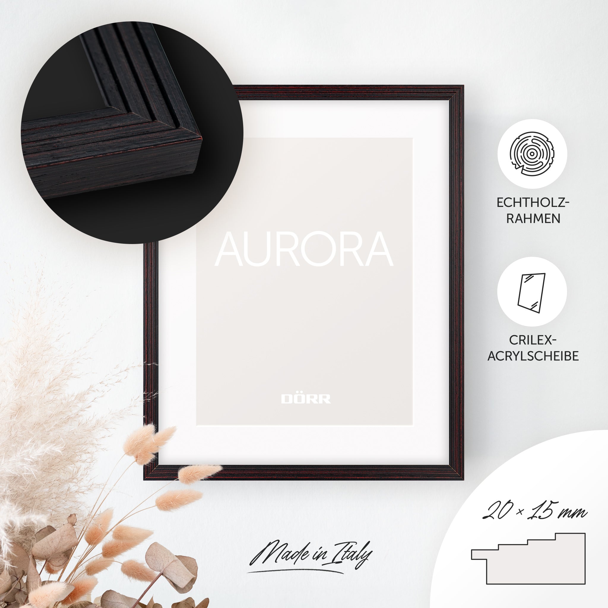 DÖRR Echtholz-Bilderrahmen Aurora schwarz, dekorativ an der Wand aufgehängt, mit Detailansicht der 20 x 15 mm Leiste in Stufenoptik