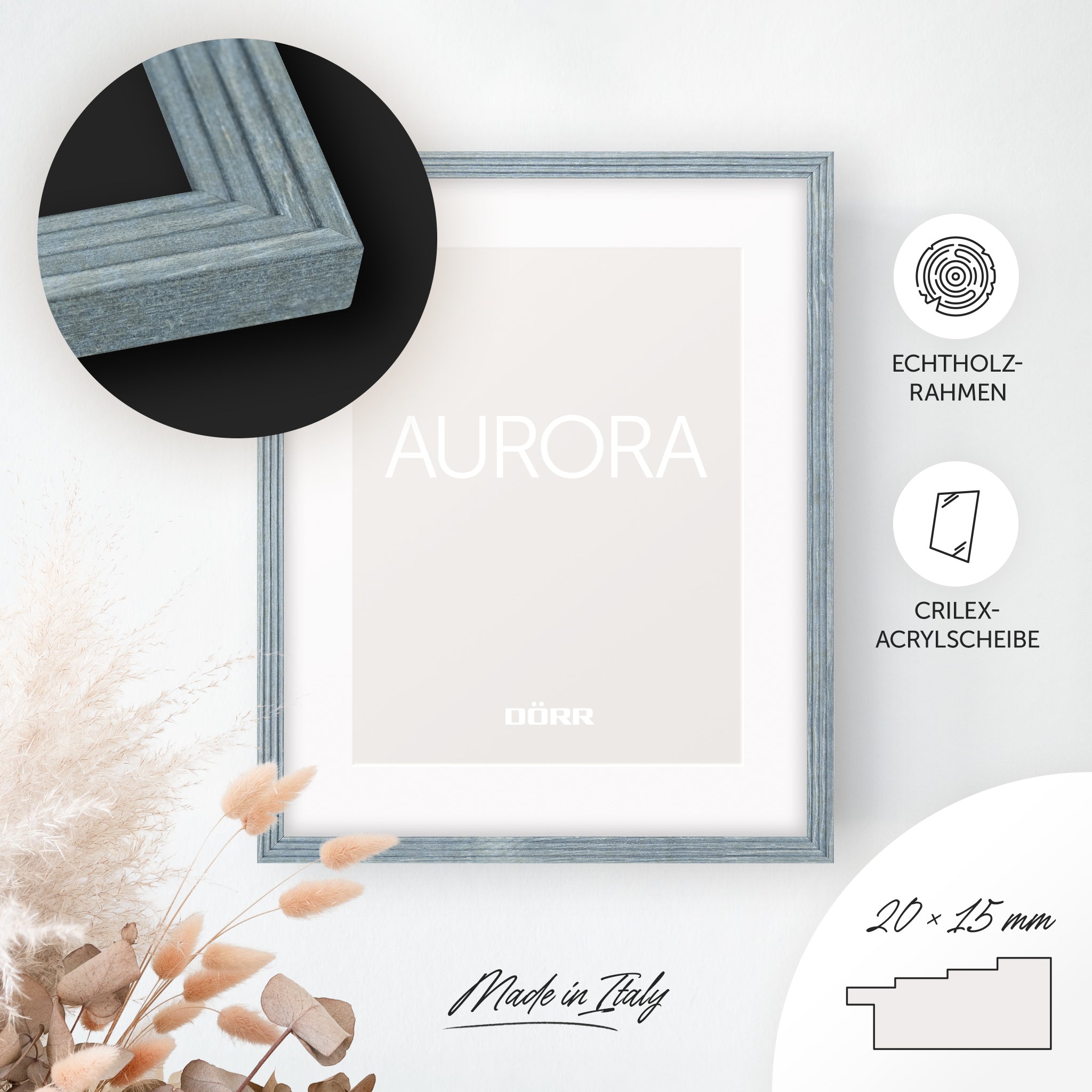 DÖRR Echtholz-Bilderrahmen Aurora hellblau, dekorativ an der Wand aufgehängt, mit Detailansicht der 20 x 15 mm Leiste in Stufenoptik