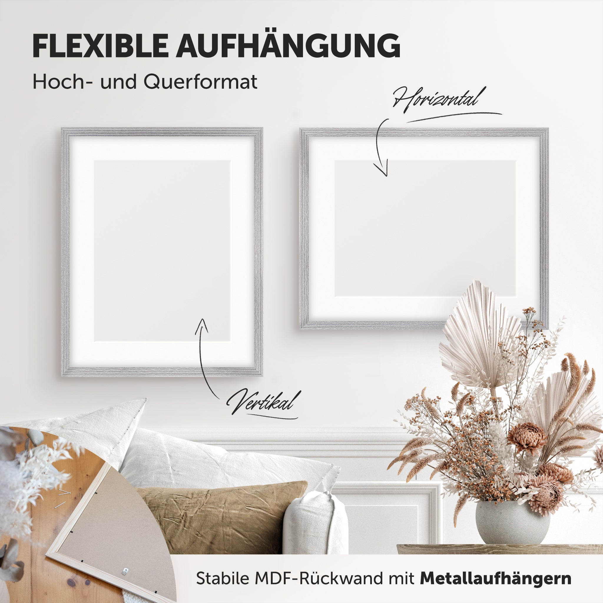 DÖRR Echtholz-Bilderrahmen Aurora silber, horizontal und vertikal als Wandrahmen im Wohnbereich dekoriert, Rückseite mit Aufhängern