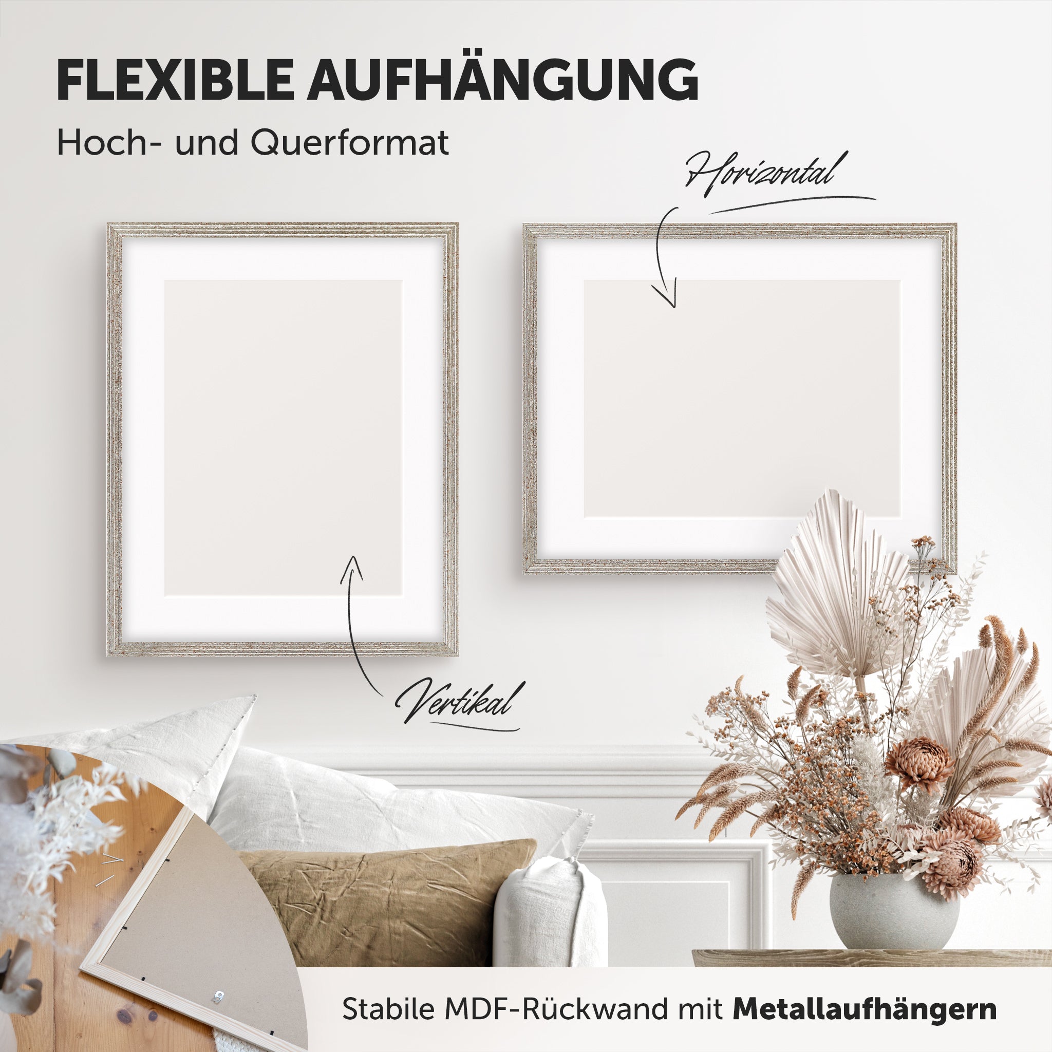 DÖRR Echtholz-Bilderrahmen Aurora antik-silber, horizontal und vertikal als Wandrahmen im Wohnbereich dekoriert, Rückseite mit Aufhänger
