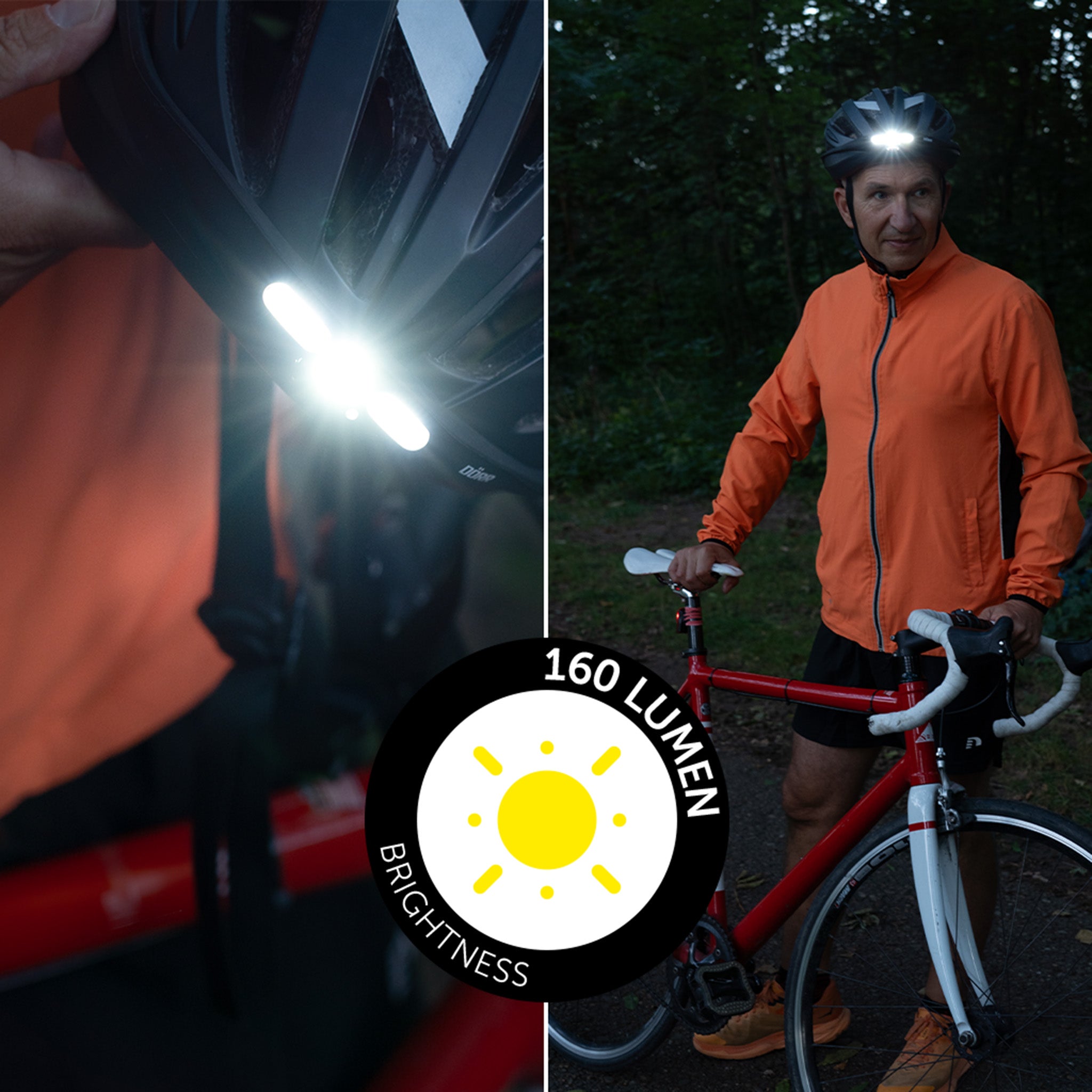 DÖRR S-Light LED Stirnlampe von einem Radfahrer als Helmlampe getragen mit aktiver Sensor-Steuerung.
