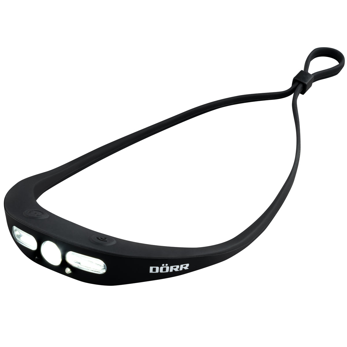 DÖRR S-Light LED Stirnlampe schwarz, Seitenansicht des schlanken Designs mit drei Frontleuchten und verstellbarem Stirnband.
