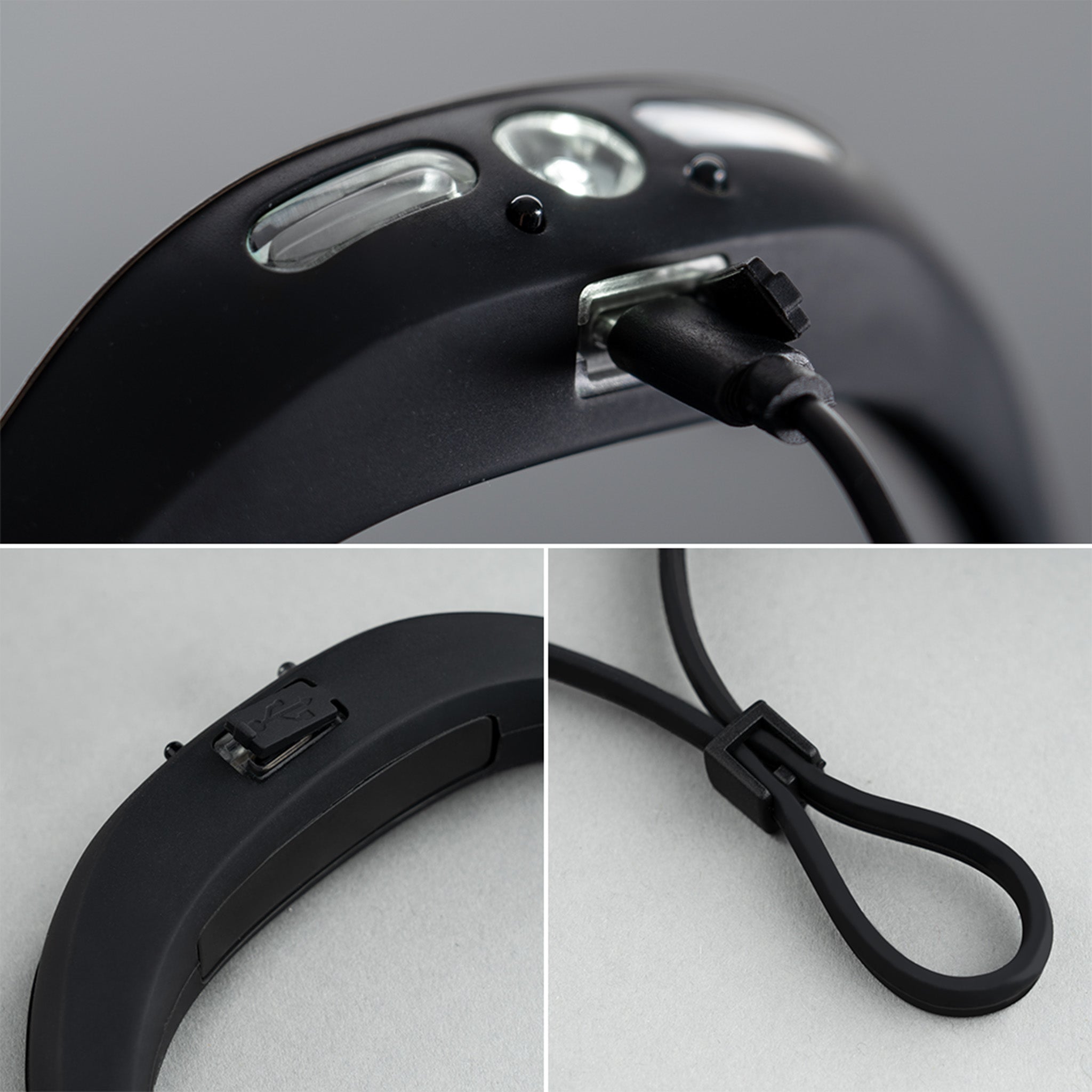 DÖRR S-Light LED Stirnlampe Detailansicht mit USB-C Ladeanschluss und verstellbarem flexiblem Stirnband.