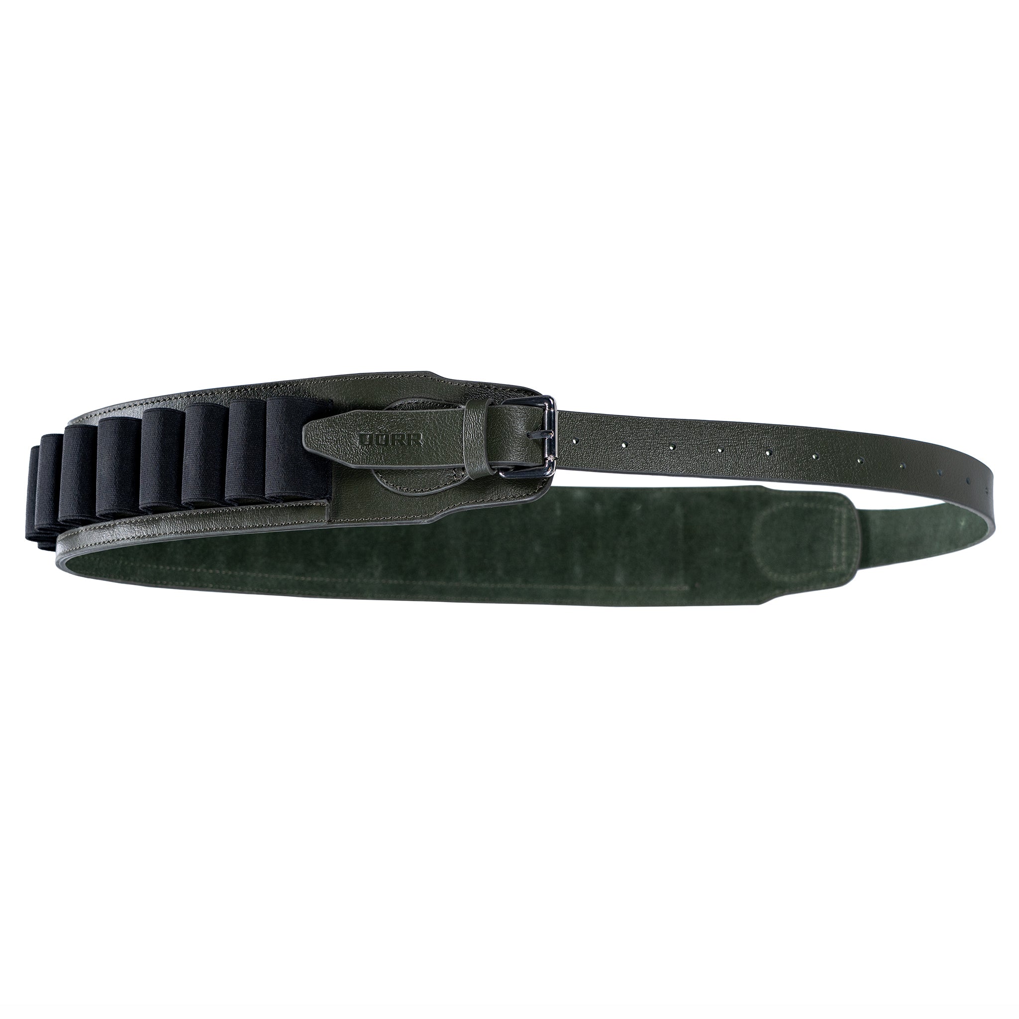 DÖRR Patronengürtel aus olivgrünem Leder mit schwarzen, flexiblen Schlaufen und Metallschnalle