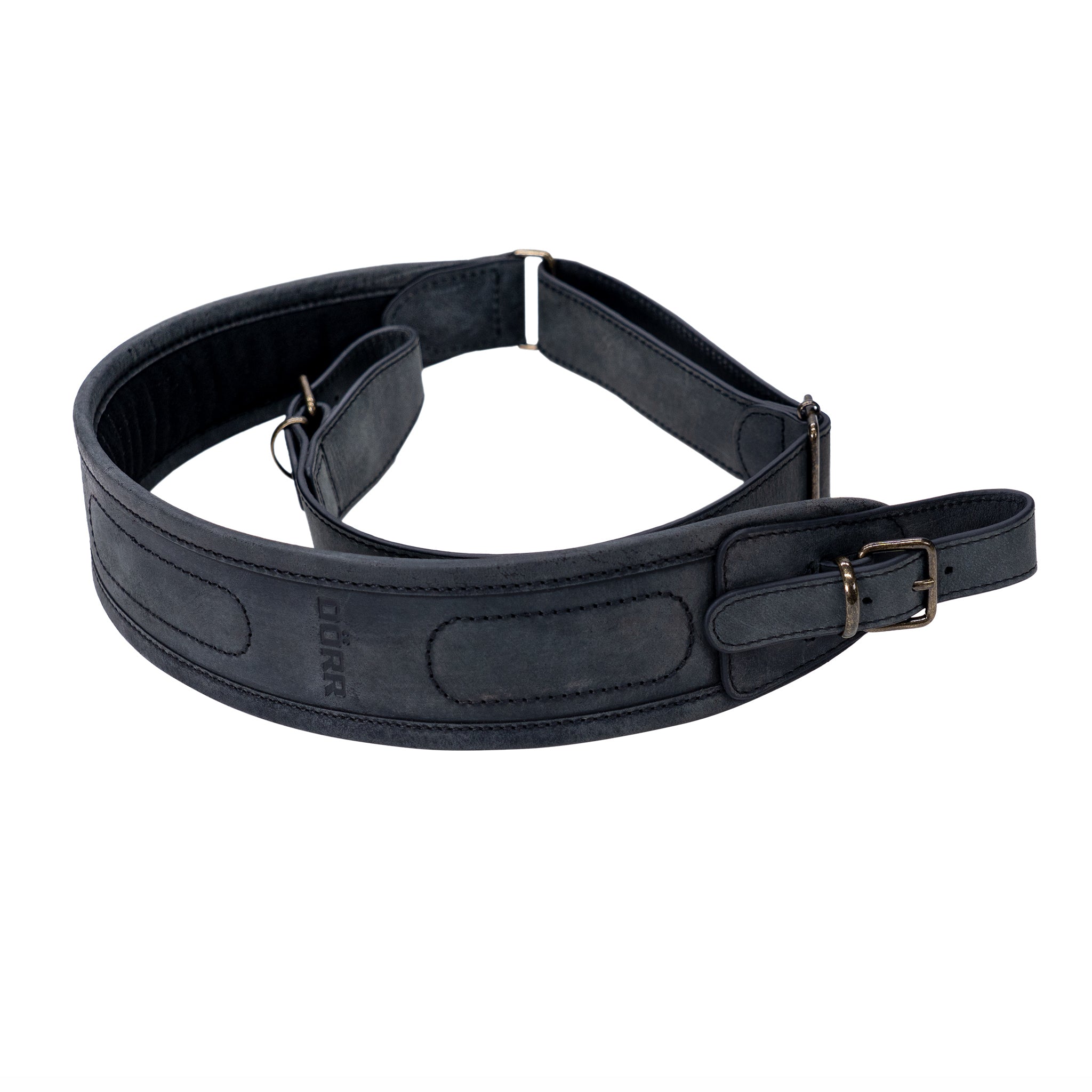 DÖRR Gewehrriemen aus schwarzem Leder, längenverstellbar von 100 bis 120 cm, mit gepolsterter Schulterauflage und Metallschnallen