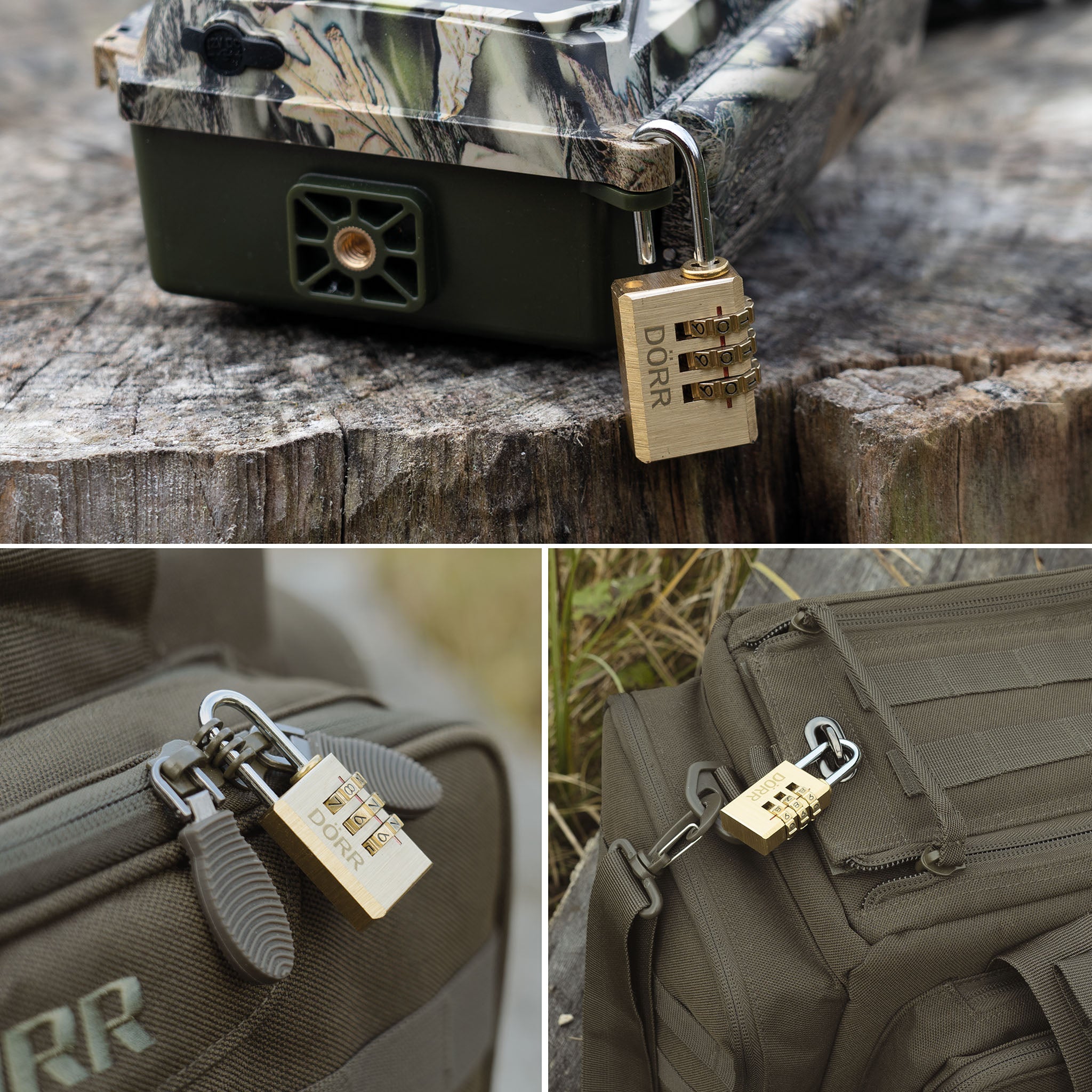 DÖRR Zahlenschloss zur Sicherung einer Wildkamera, eines Reißverschlusses und einer Tasche im Outdoor-Einsatz.