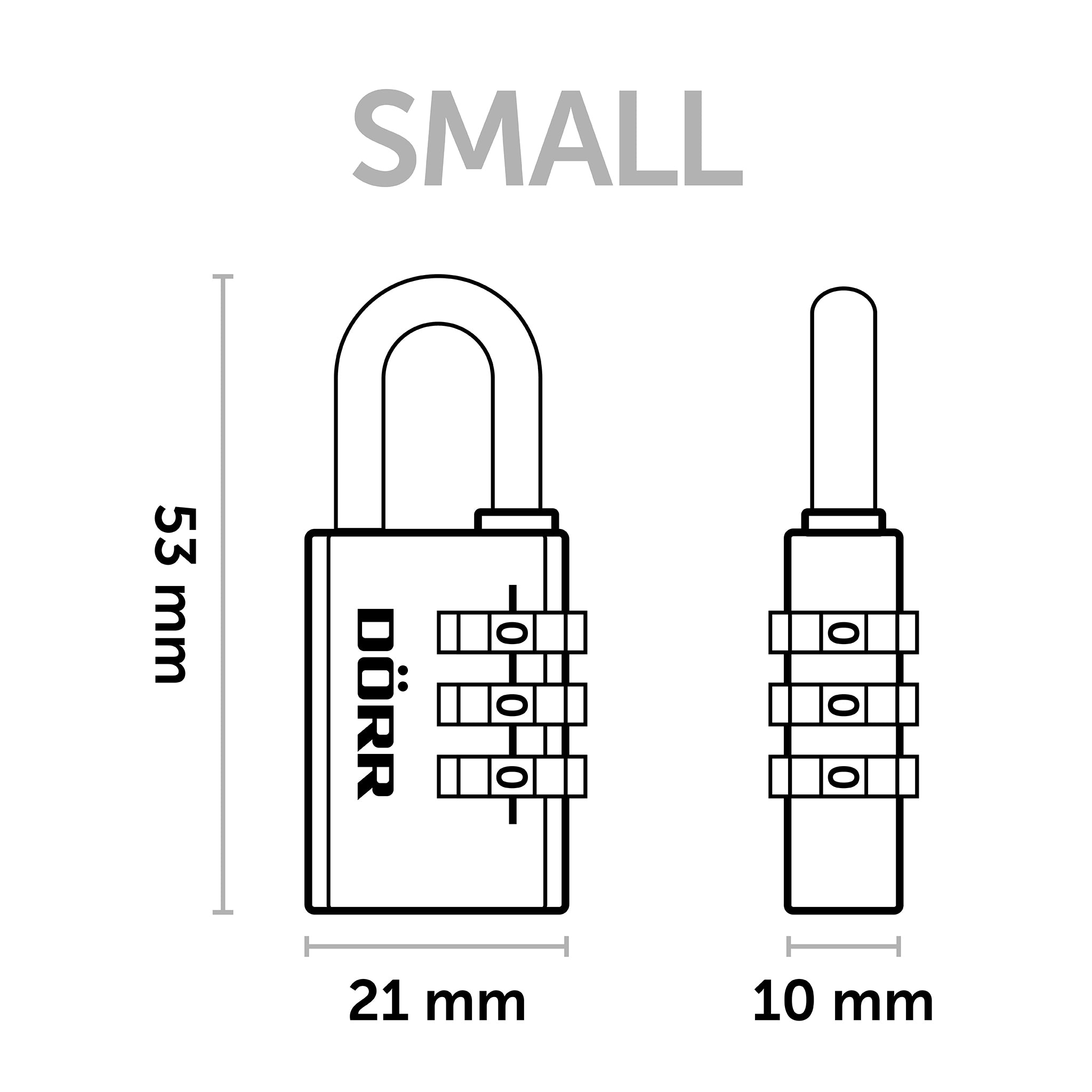 Technische Zeichnung des DÖRR Zahlenschlosses Small mit Maßen 53 mm Höhe, 21 mm Breite und 10 mm Tiefe.