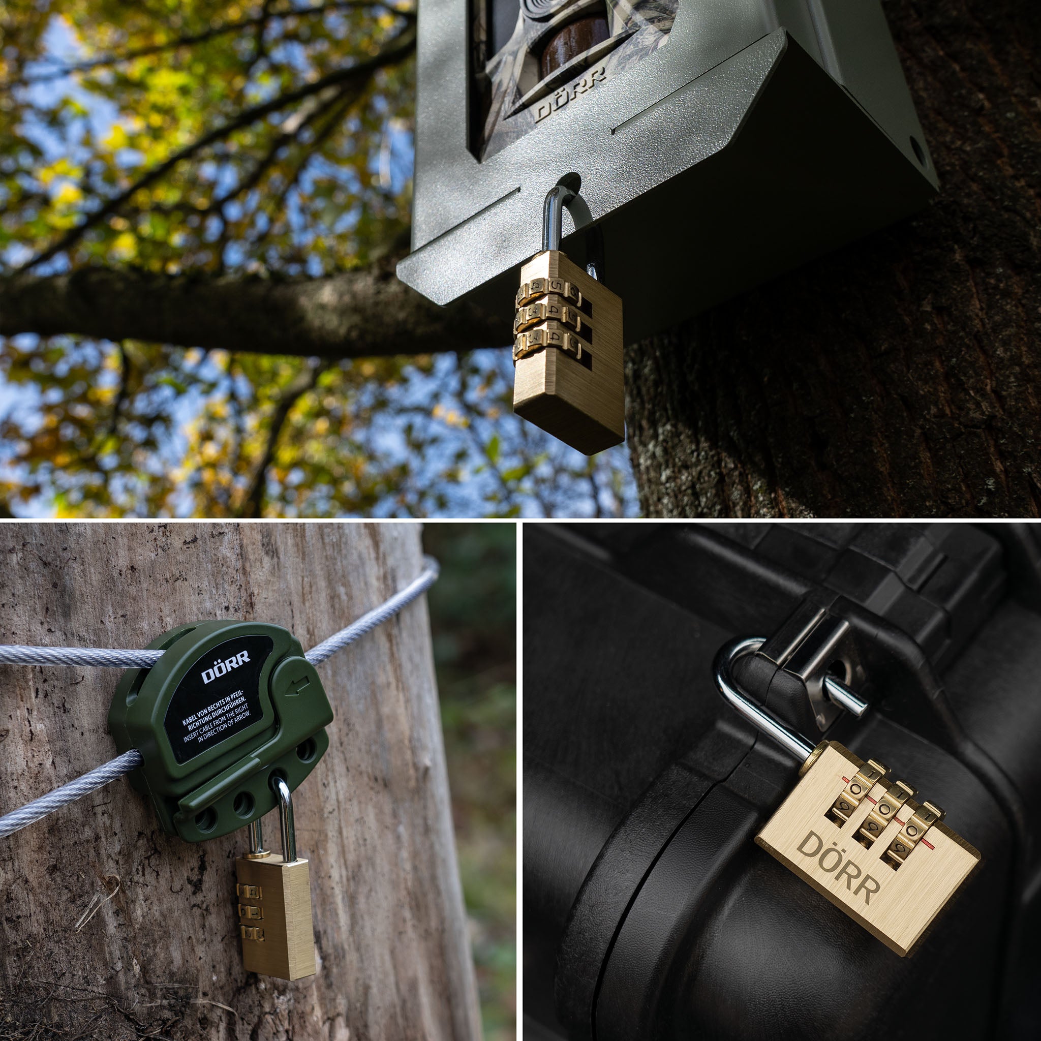 DÖRR Zahlenschloss zur Sicherung eines Metallschutzgehäuses, DÖRR Kabelschlosses und eines Koffers im Outdoor-Einsatz.