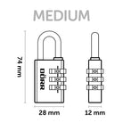Technische Zeichnung des DÖRR Zahlenschlosses Medium mit Maßen 74 mm Höhe, 28 mm Breite und 12 mm Tiefe.