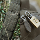 DÖRR ProTac Langwaffentasche oliv mit MOLLE-System im Outdoor-Gelände, Detailansicht der abschließbaren Reißverschlüsse