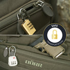 DÖRR ProTac Waffentasche oliv mit abschließbaren Reißverschlüssen, Detailansicht der sicheren Transportlösung für Kurzwaffen