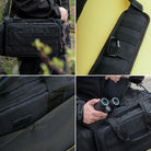 DÖRR ProTac Waffentasche schwarz mit MOLLE-System, Detailansicht von Tragegriff, Schultergurt und Zubehörfächern