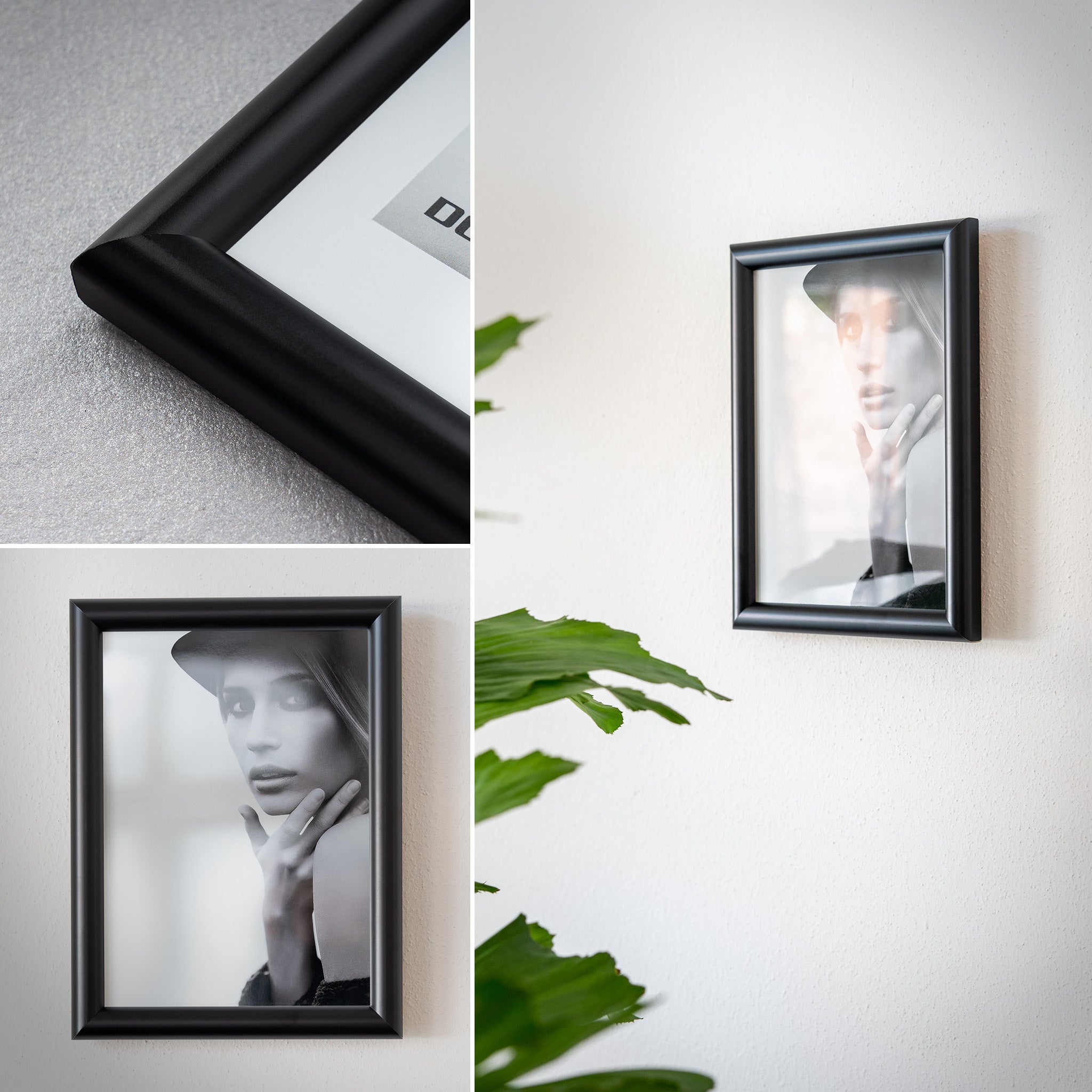 DÖRR Holz-Bilderrahmen Aqua schwarz, an der Wand aufgehängt, mit Detailansicht der modernen, halbrunden Rahmenleiste