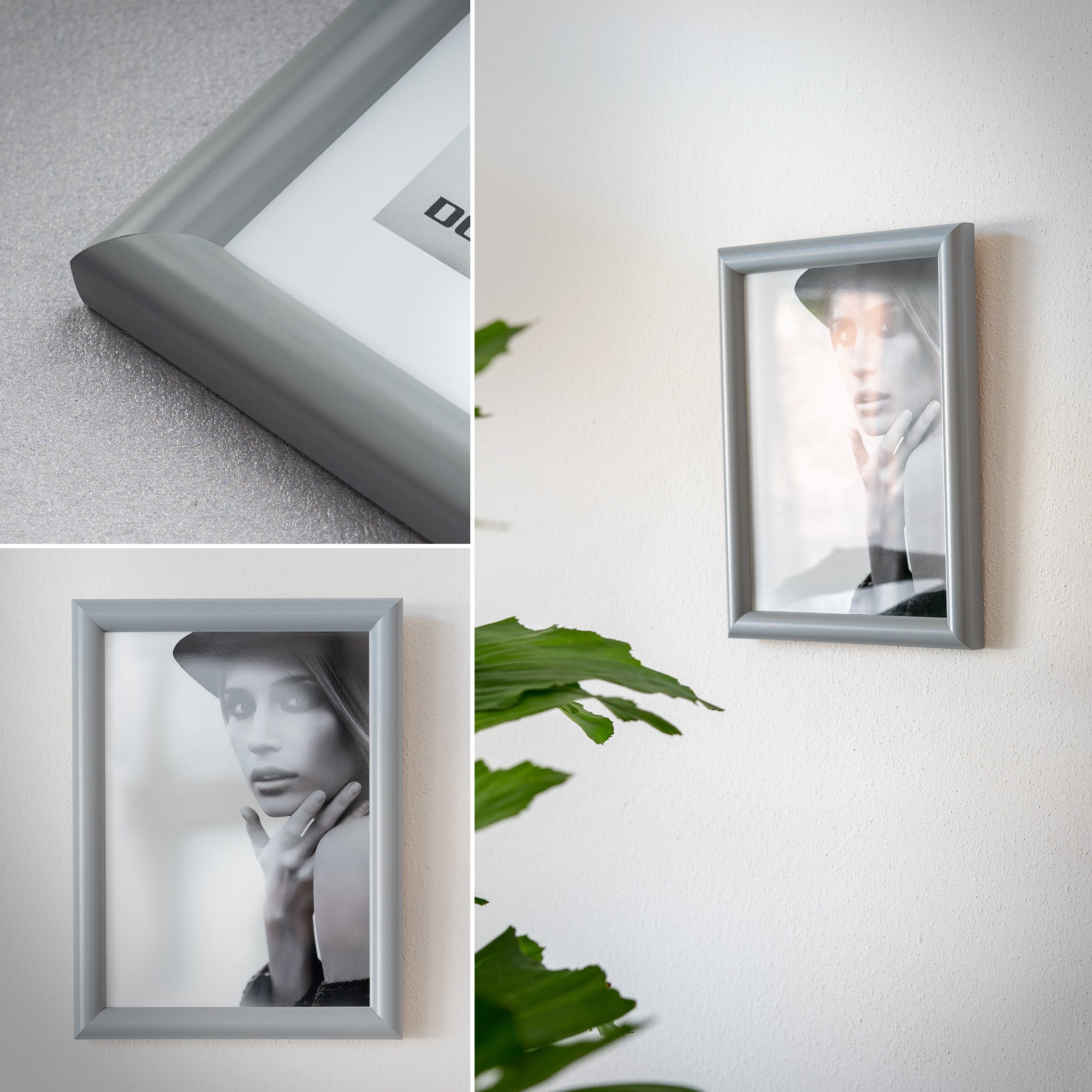 DÖRR Holz-Bilderrahmen Aqua grau, an der Wand aufgehängt, mit Detailansicht der modernen, halbrunden Rahmenleiste