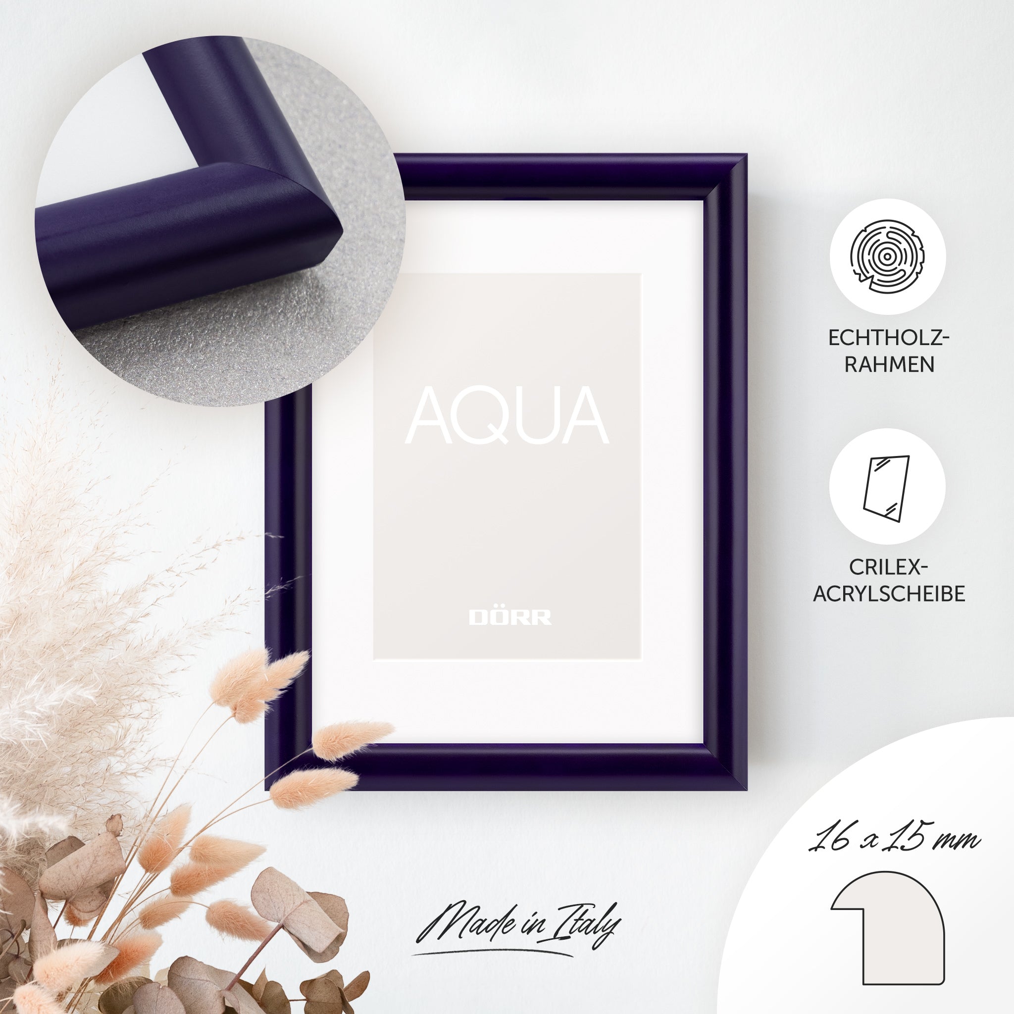 DÖRR Holz-Bilderrahmen Aqua lila, an der Wand aufgehängt, mit Detailansicht der modernen, halbrunden Rahmenleiste