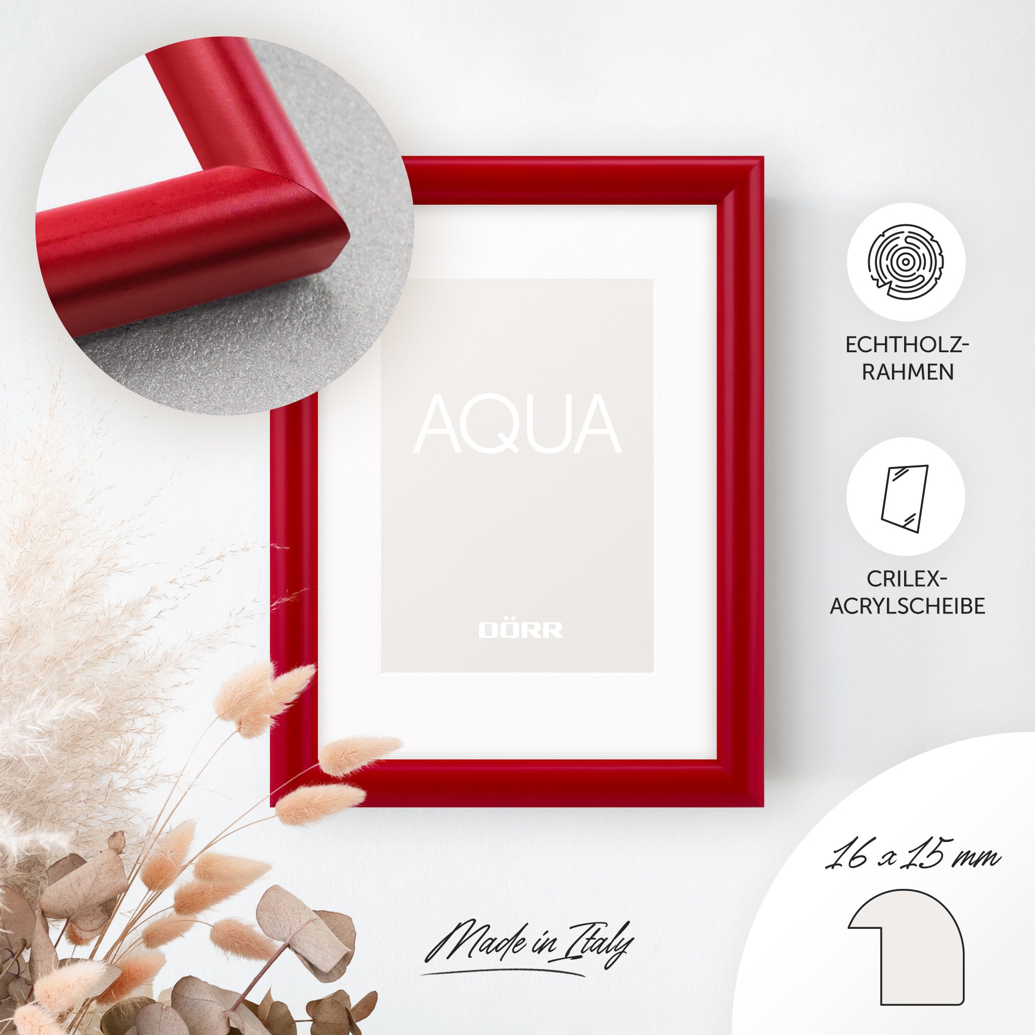 DÖRR Holz-Bilderrahmen Aqua rot, an der Wand aufgehängt, mit Detailansicht der modernen, halbrunden Rahmenleiste