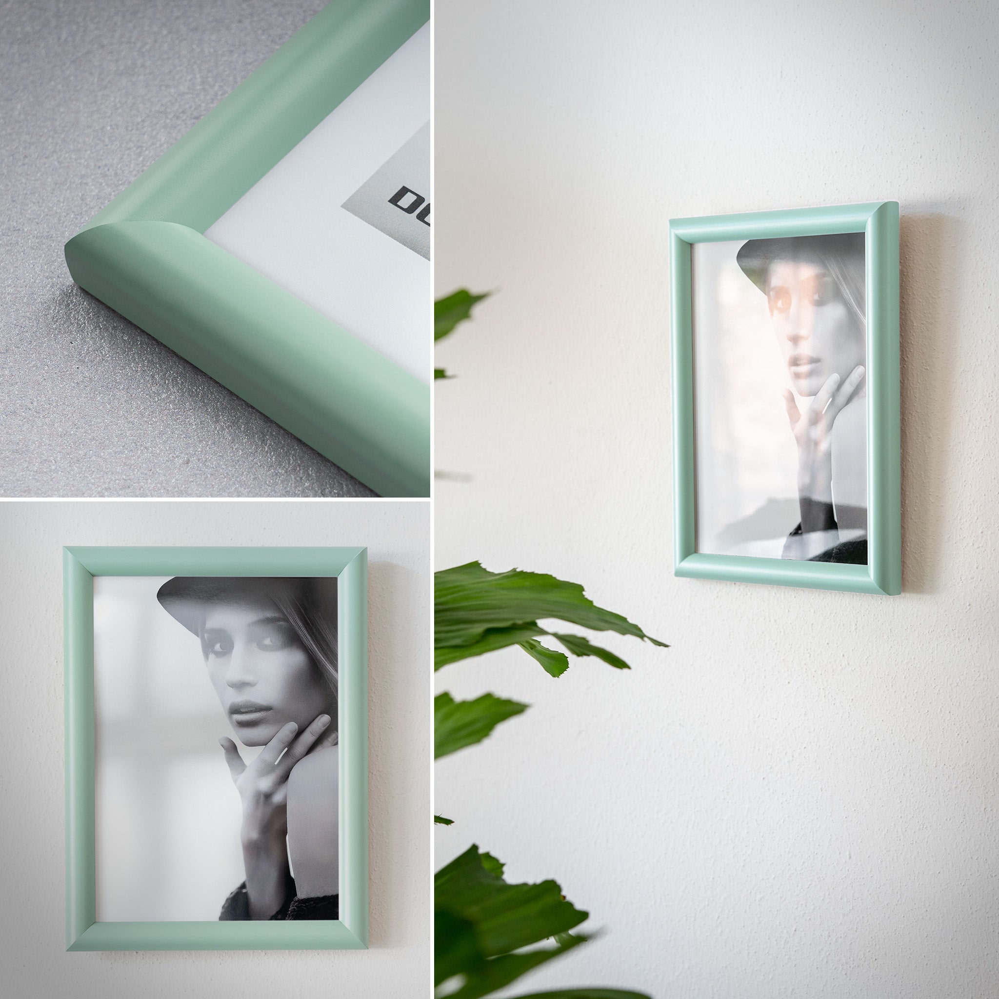 DÖRR Holz-Bilderrahmen Aqua hellgrün, an der Wand aufgehängt, mit Detailansicht der modernen, halbrunden Rahmenleiste