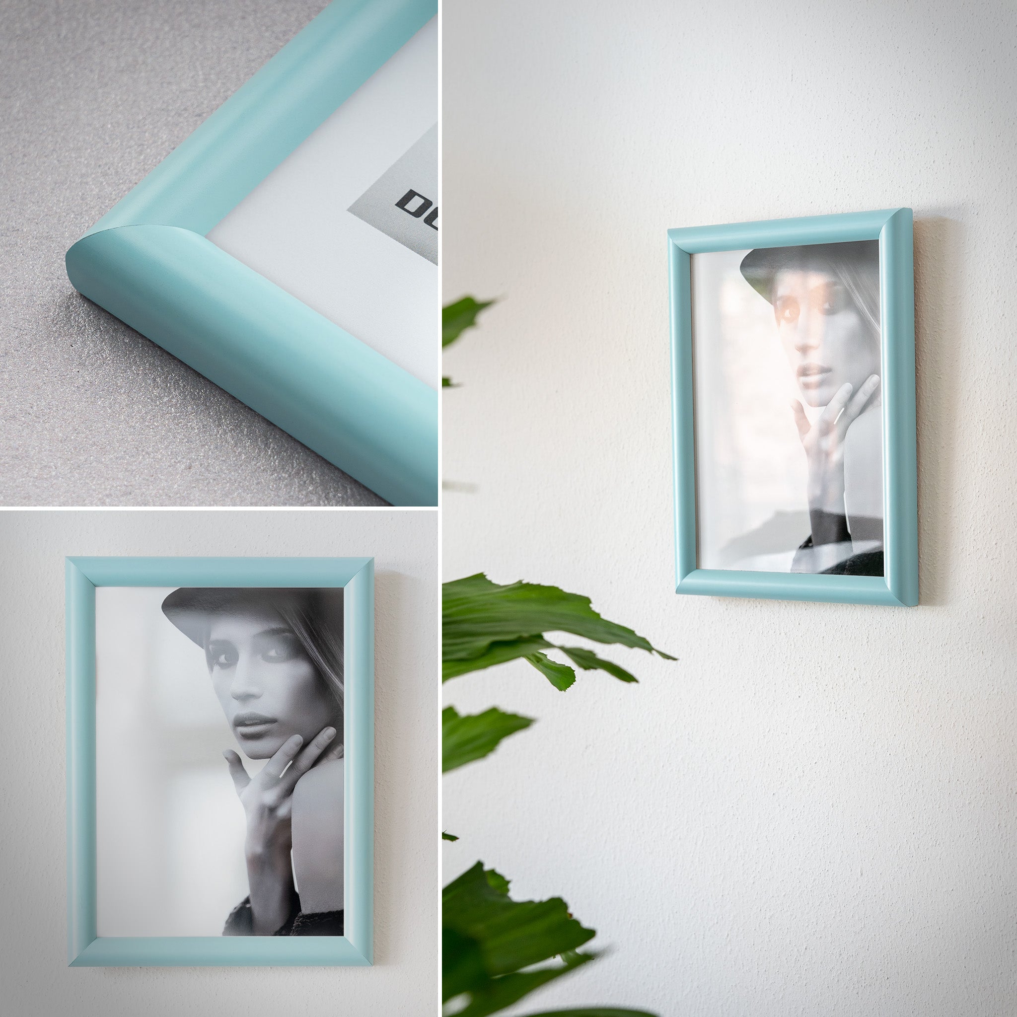 DÖRR Holz-Bilderrahmen Aqua mintgrün, an der Wand aufgehängt, mit Detailansicht der modernen, halbrunden Rahmenleiste