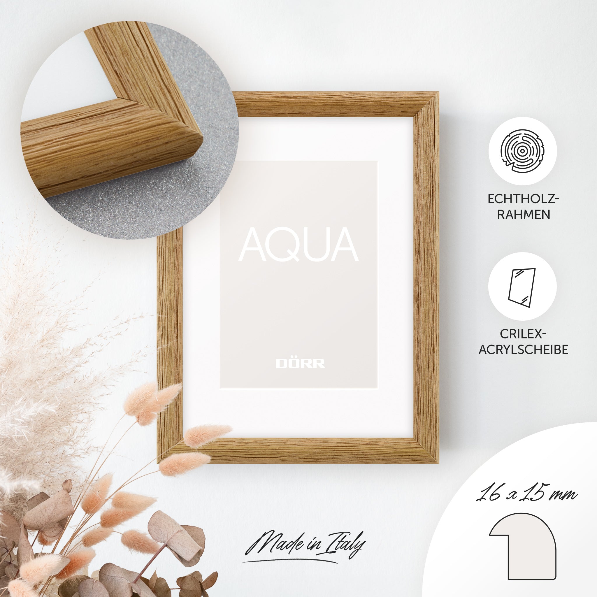DÖRR Holz-Bilderrahmen Aqua natur, an der Wand aufgehängt, mit Detailansicht der modernen, halbrunden Rahmenleiste