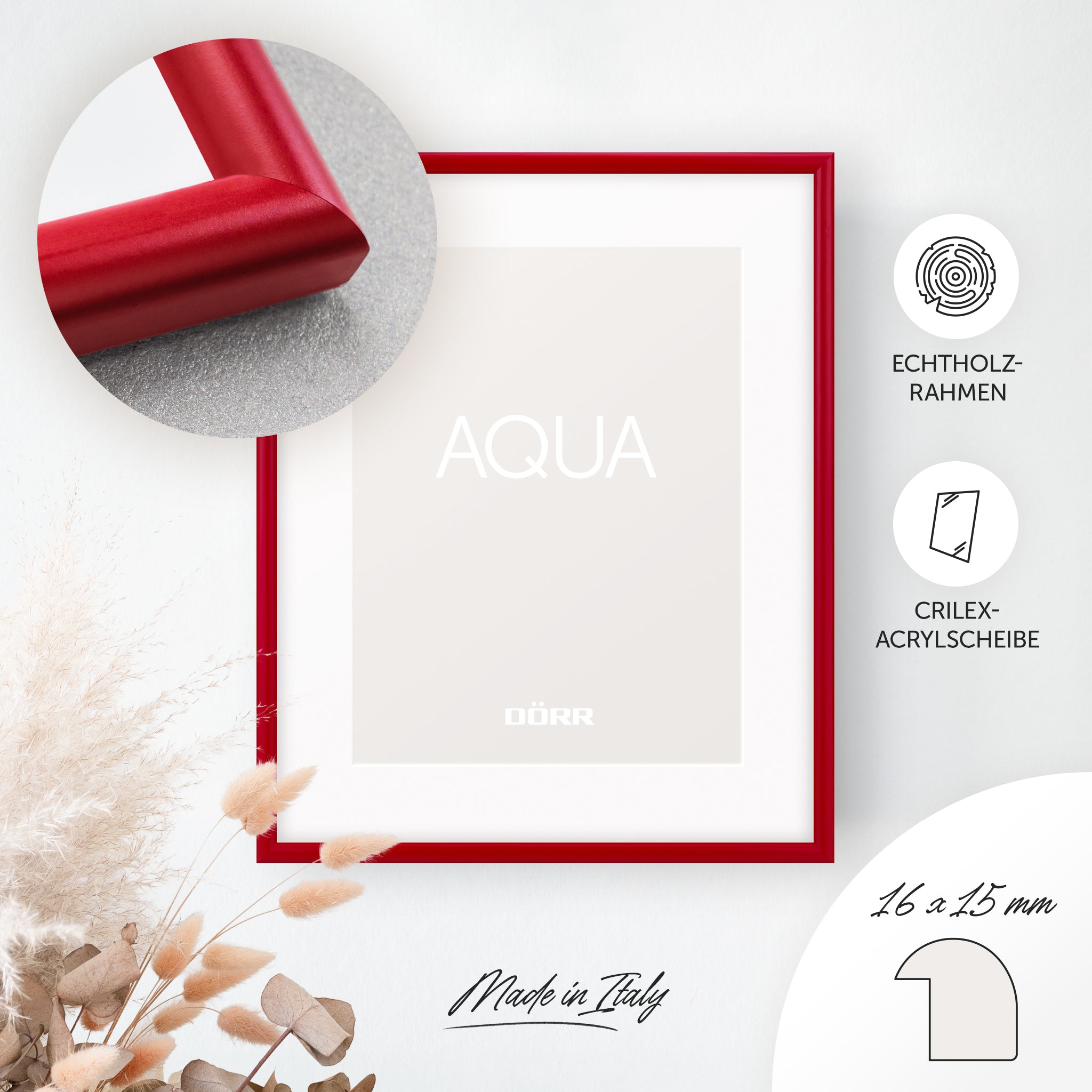 DÖRR Holz-Bilderrahmen Aqua rot, an der Wand aufgehängt, mit Detailansicht der modernen, halbrunden Rahmenleiste