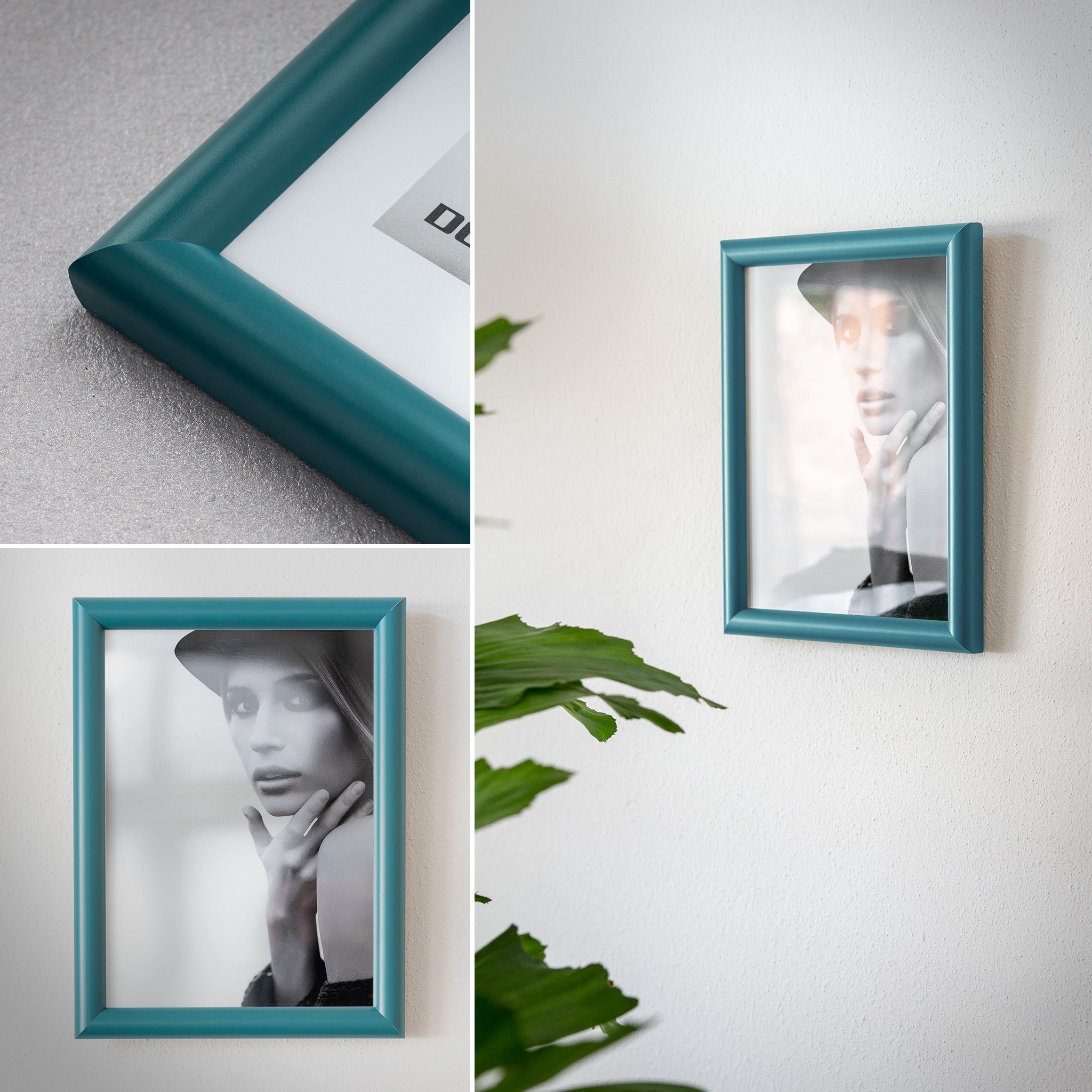 DÖRR Holz-Bilderrahmen Aqua petrol, an der Wand aufgehängt, mit Detailansicht der modernen, halbrunden Rahmenleiste