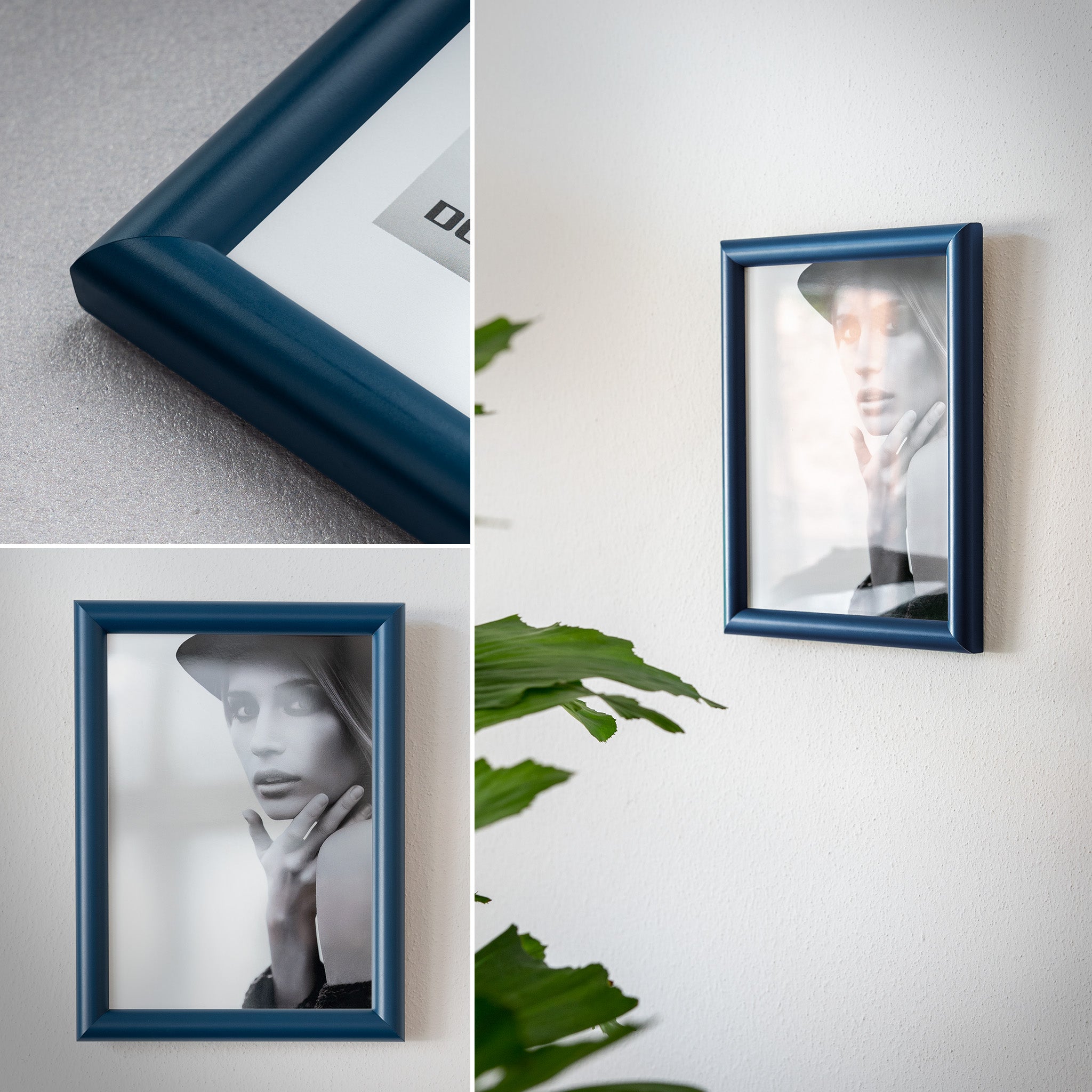 DÖRR Holz-Bilderrahmen Aqua dunkelblau, an der Wand aufgehängt, mit Detailansicht der modernen, halbrunden Rahmenleiste