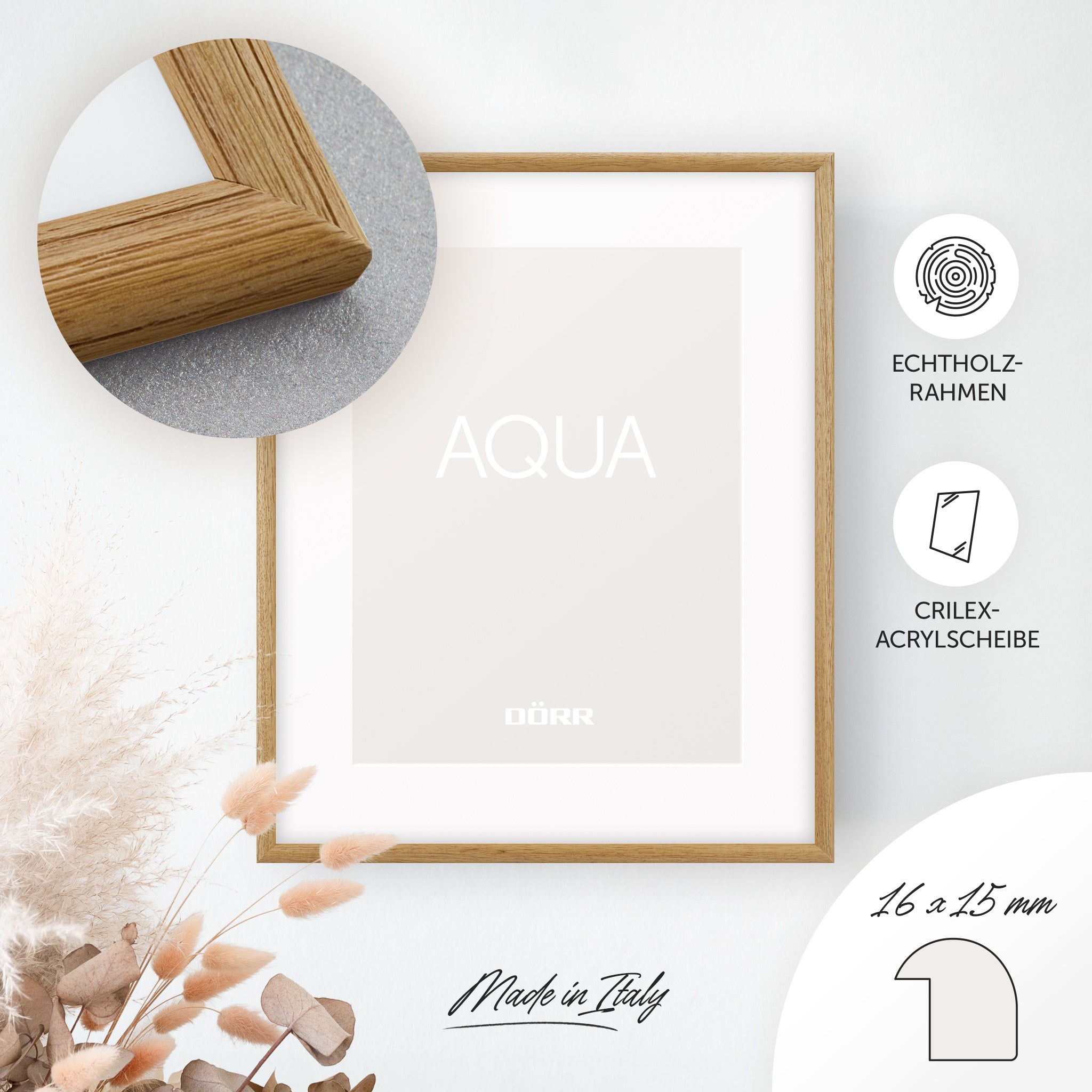 DÖRR Holz-Bilderrahmen Aqua natur, an der Wand aufgehängt, mit Detailansicht der modernen, halbrunden Rahmenleiste