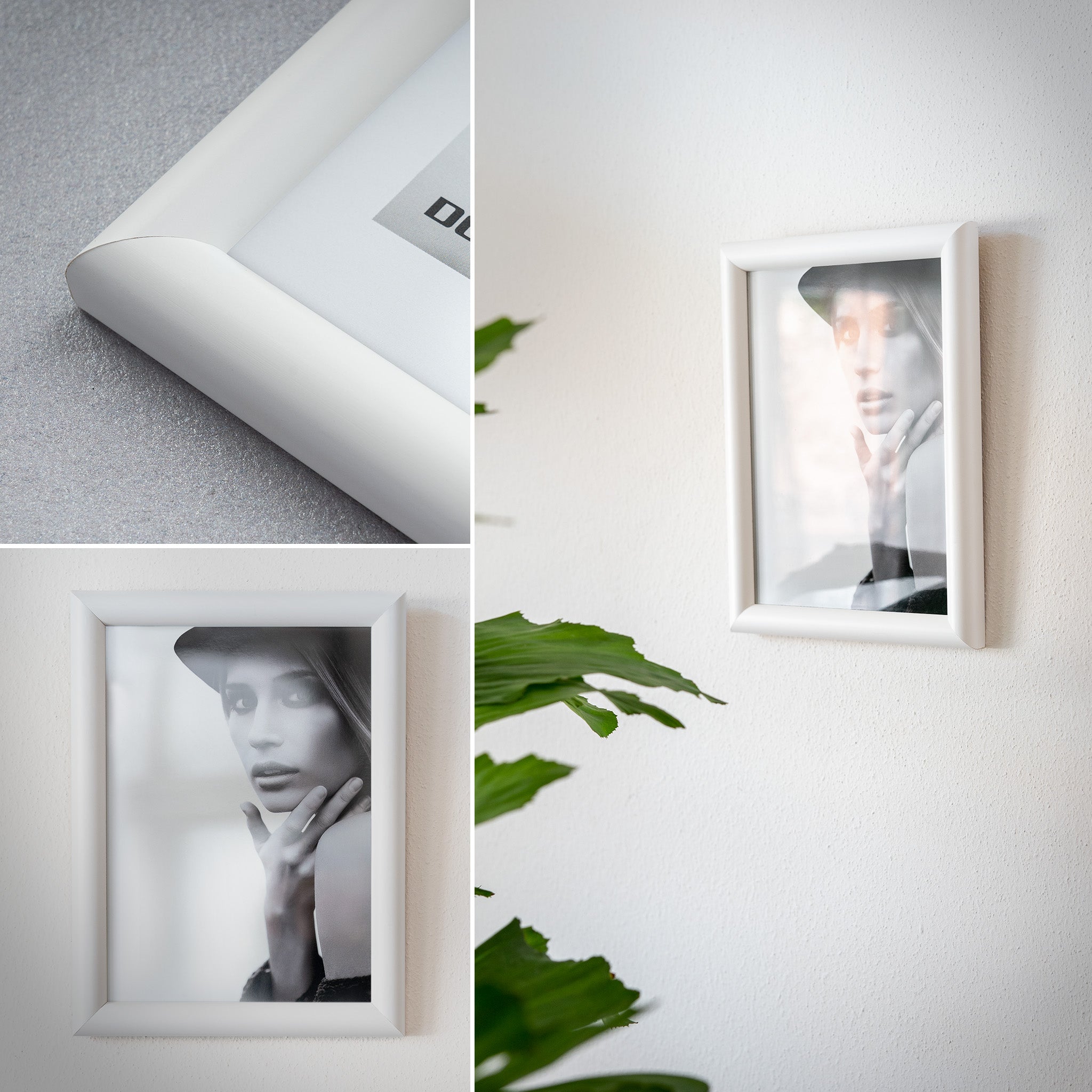 DÖRR Holz-Bilderrahmen Aqua weiß, an der Wand aufgehängt, mit Detailansicht der modernen, halbrunden Rahmenleiste