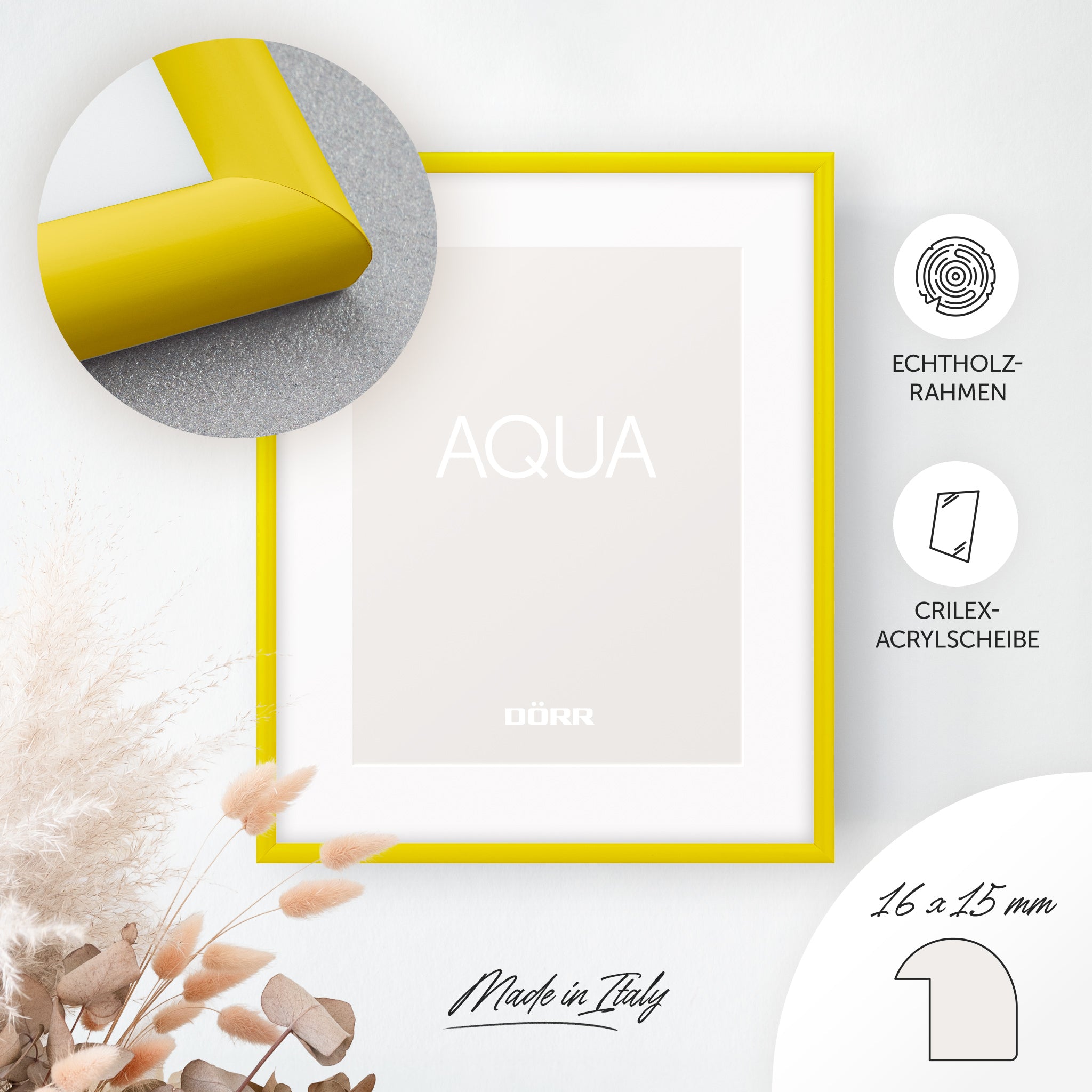 DÖRR Holz-Bilderrahmen Aqua gelb, an der Wand aufgehängt, mit Detailansicht der modernen, halbrunden Rahmenleiste