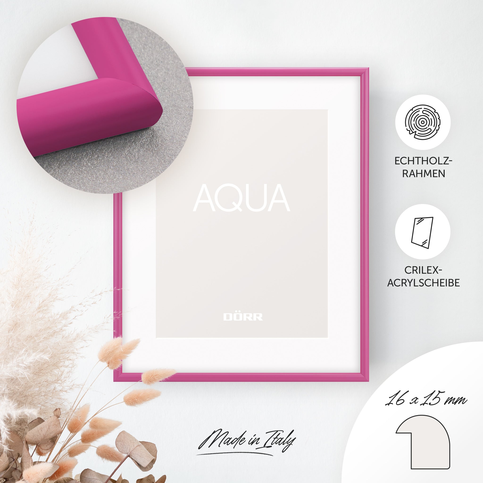 DÖRR Holz-Bilderrahmen Aqua pink, an der Wand aufgehängt, mit Detailansicht der modernen, halbrunden Rahmenleiste