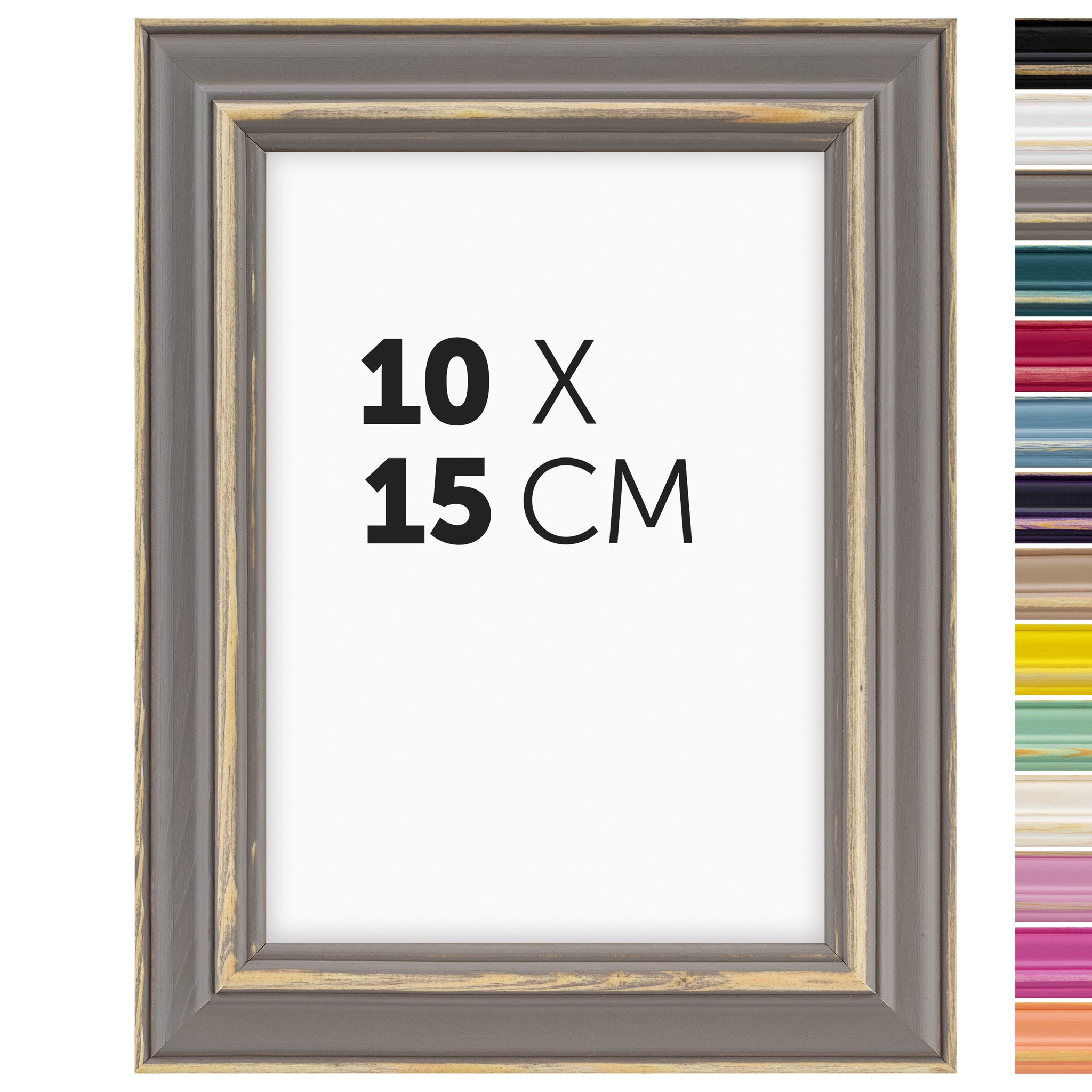 DÖRR Holz Bilderrahmen Boho in Grau im Vintage-Stil, mit Bildformat 10x15 cm und Detailansicht der vierzehn Farbvarianten
