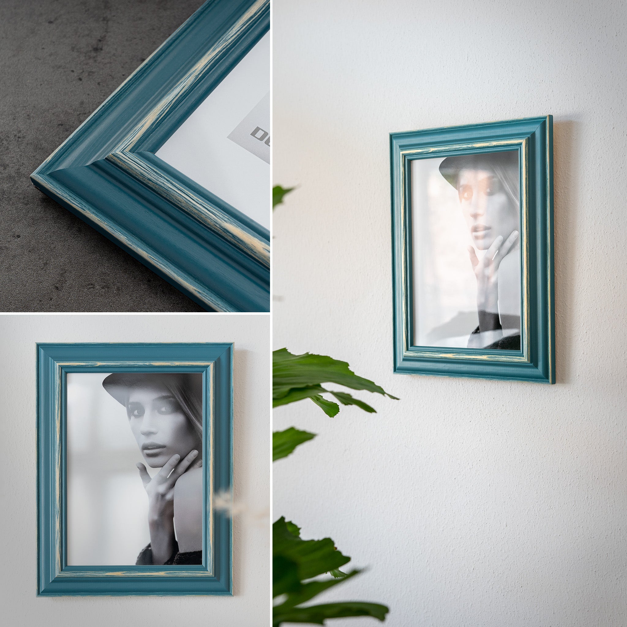 DÖRR Holz Bilderrahmen Boho in Petrol im Vintage-Stil, an der Wand aufgehängt, mit Detailansicht der strukturierten Leiste